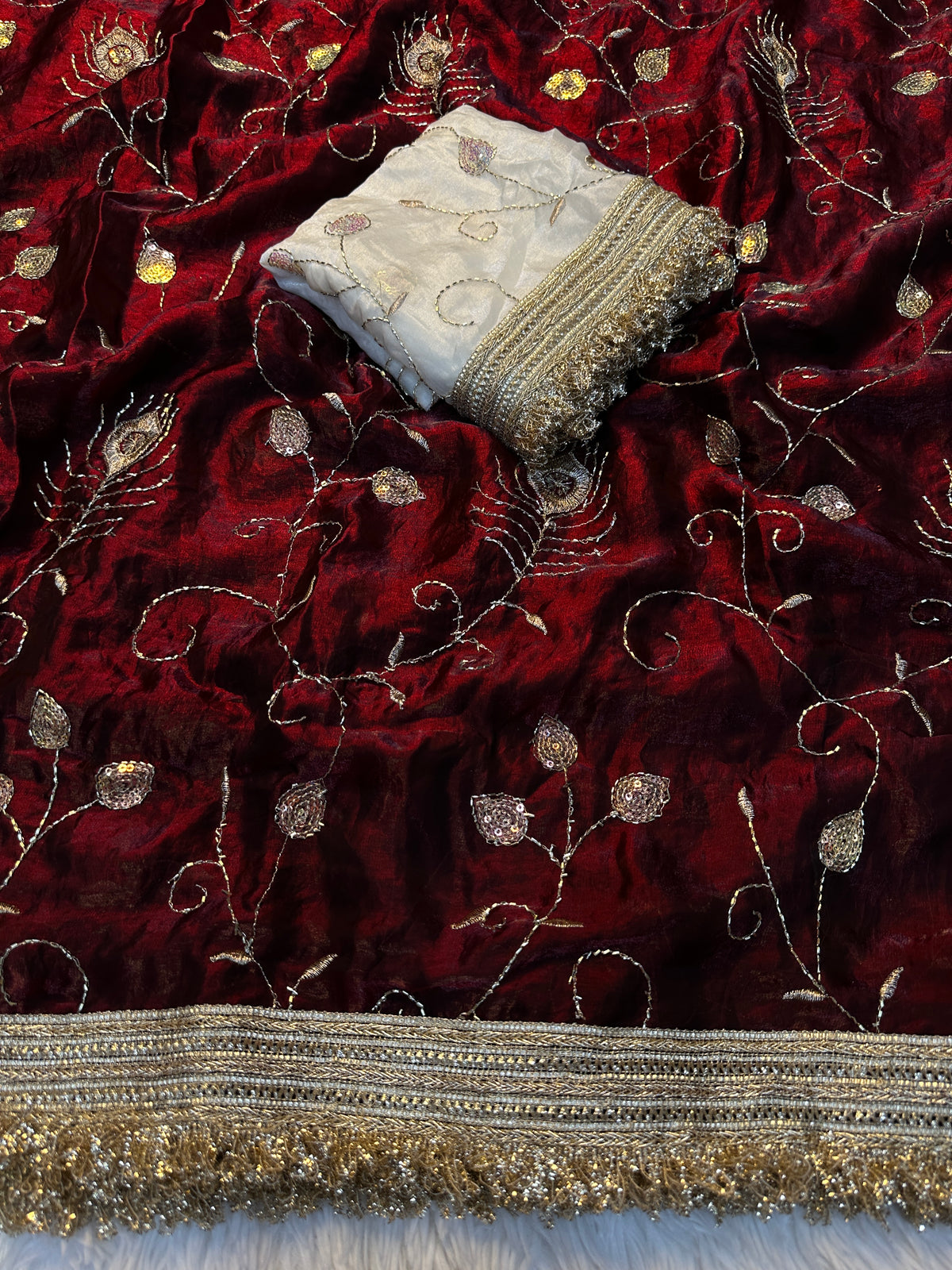 Gratifying Party Wear Silk Embroidery n Sequence Work Saree With Contrast Blouse Piece