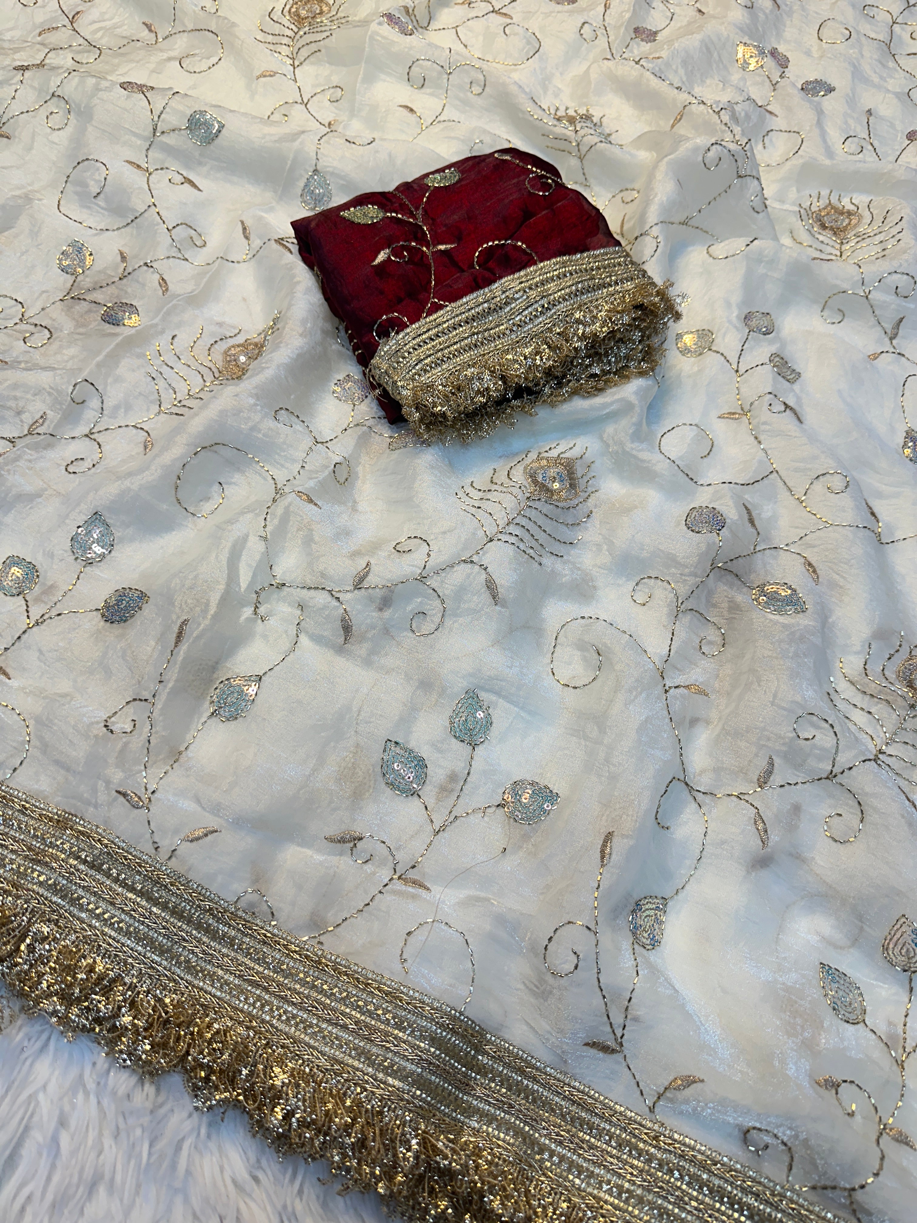 Gratifying Party Wear Silk Embroidery n Sequence Work Saree With Contrast Blouse Piece