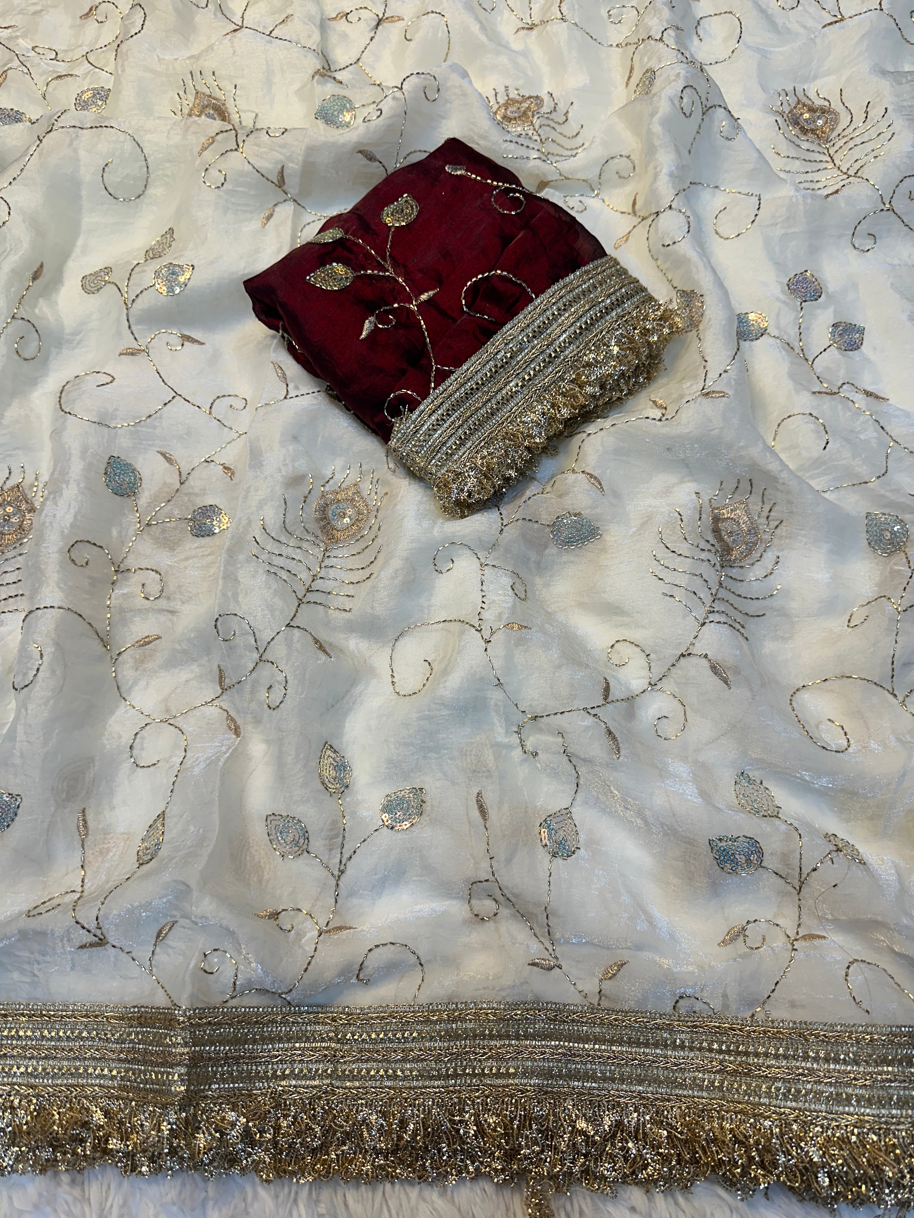 Gratifying Party Wear Silk Embroidery n Sequence Work Saree With Contrast Blouse Piece