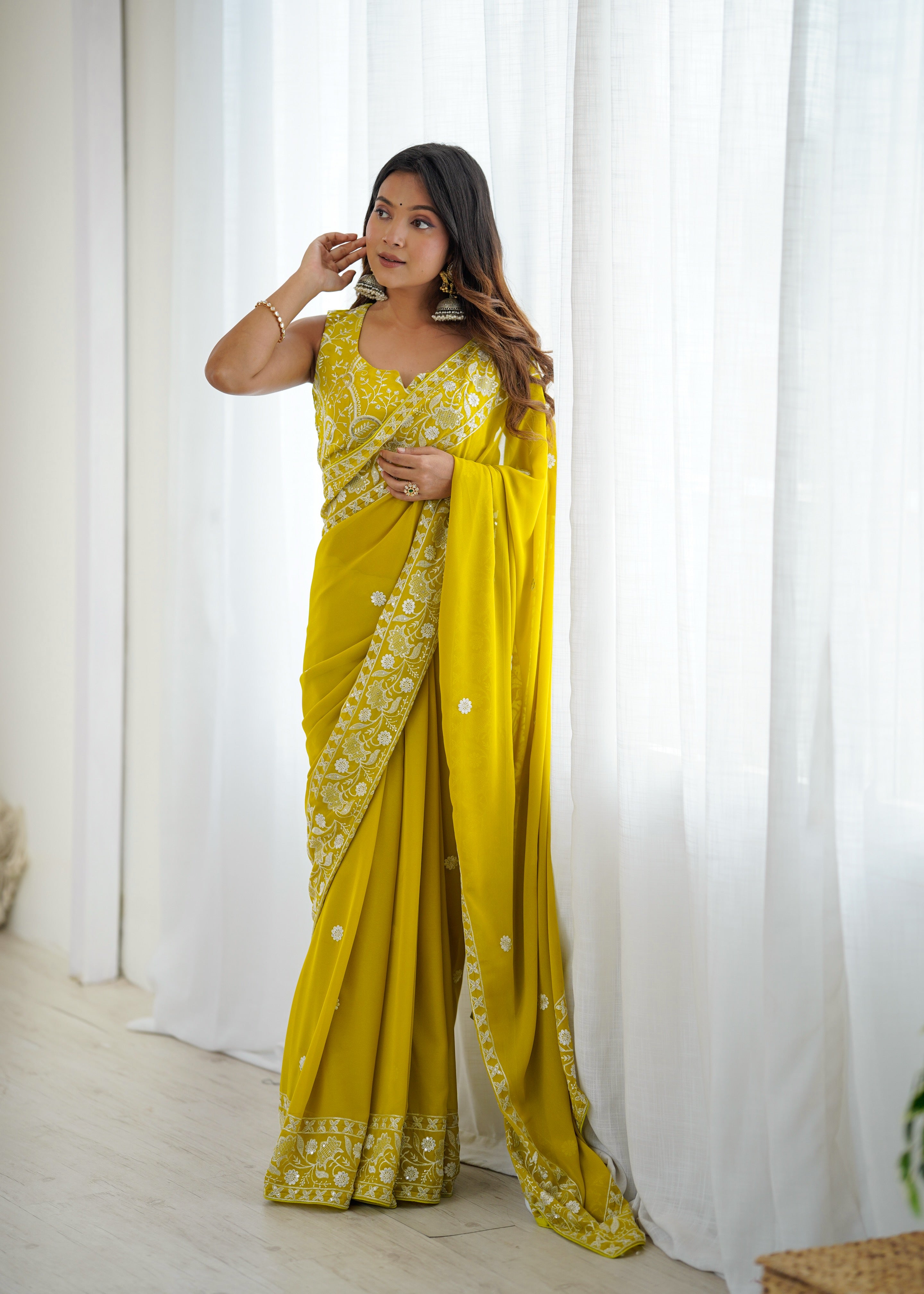 Opulent Party Wear Silk Georgette Thread Sequence Work Fancy Designer Saree With Unstitched Blouse