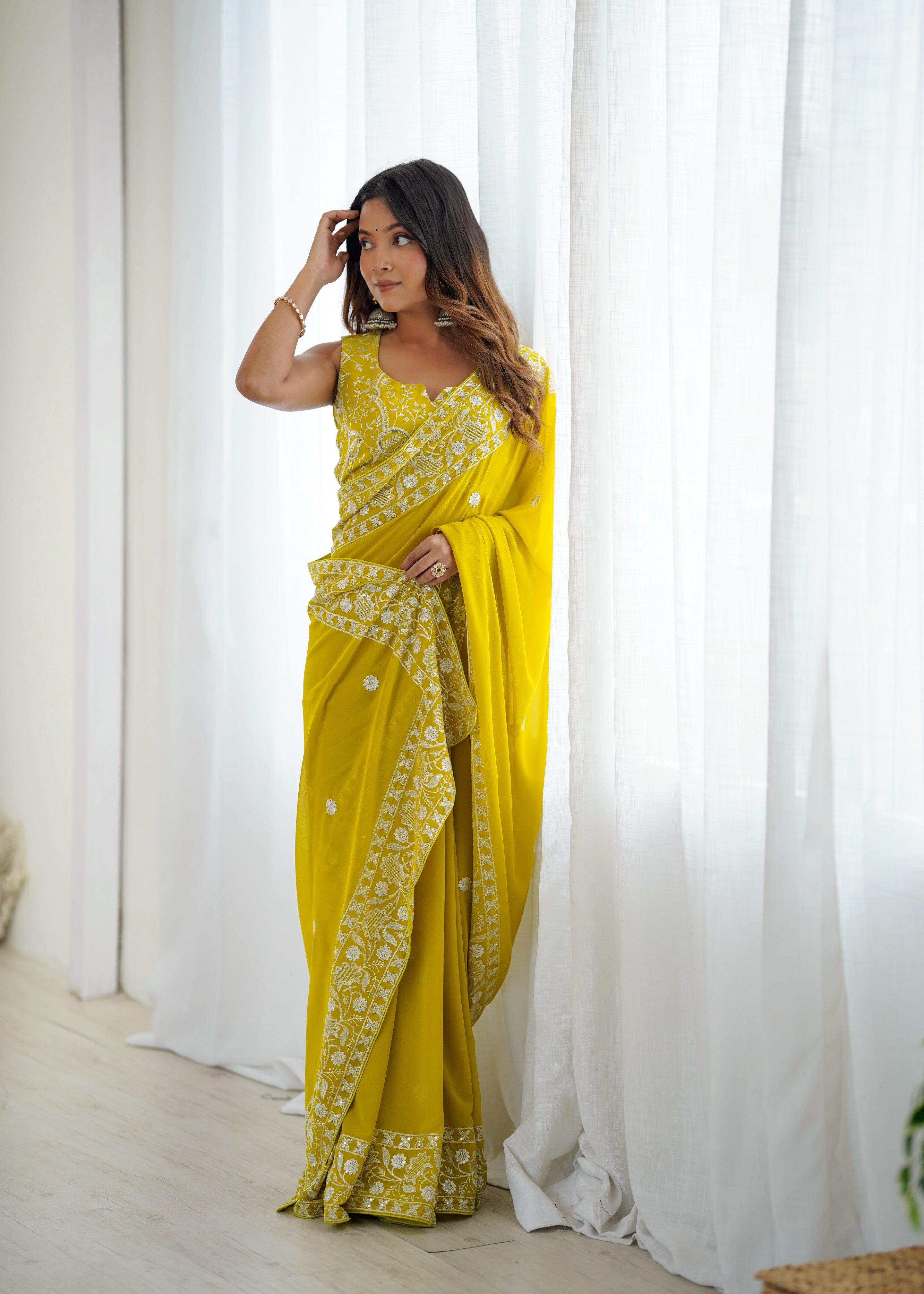 Opulent Party Wear Silk Georgette Thread Sequence Work Fancy Designer Saree With Unstitched Blouse