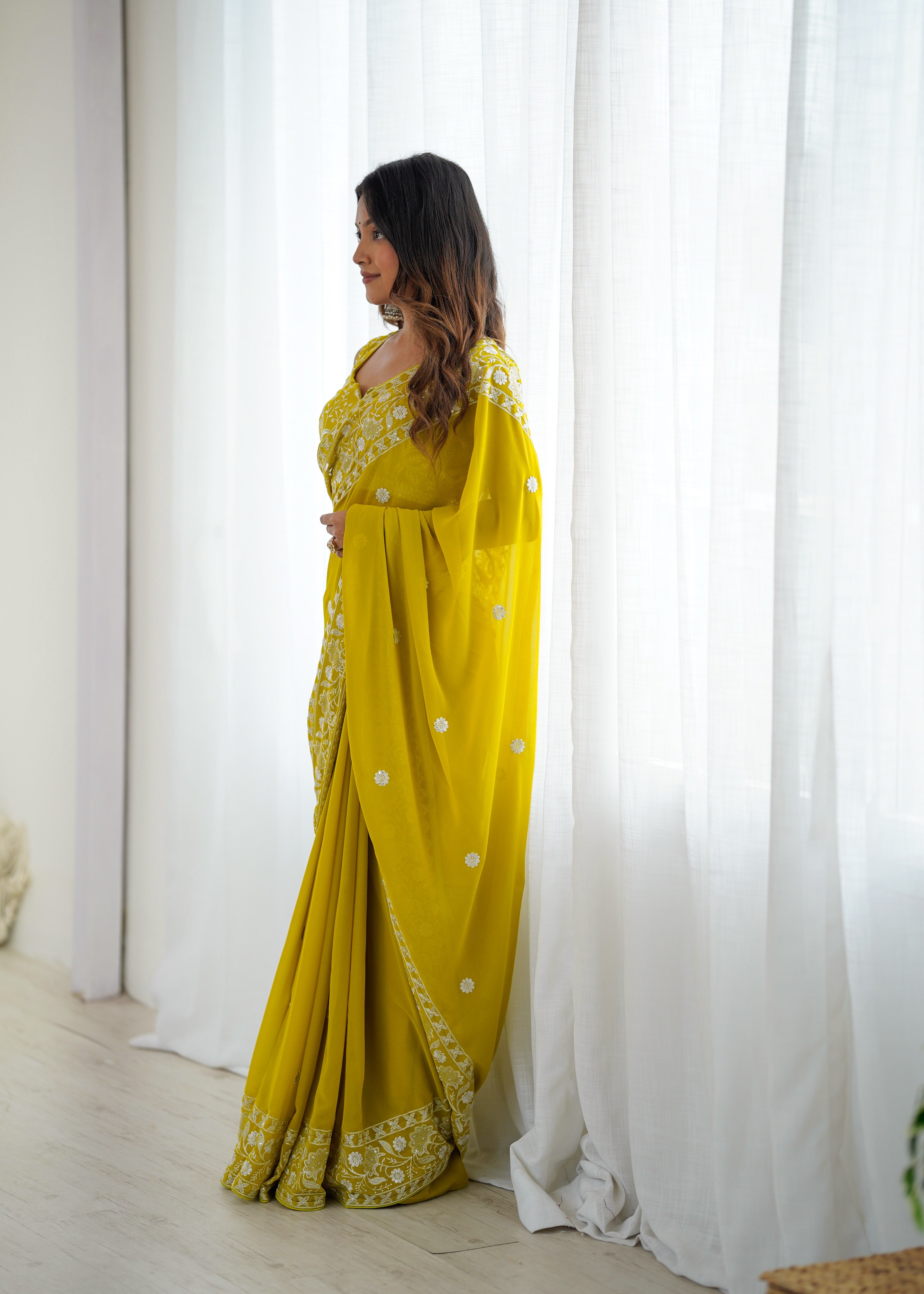 Opulent Party Wear Silk Georgette Thread Sequence Work Fancy Designer Saree With Unstitched Blouse