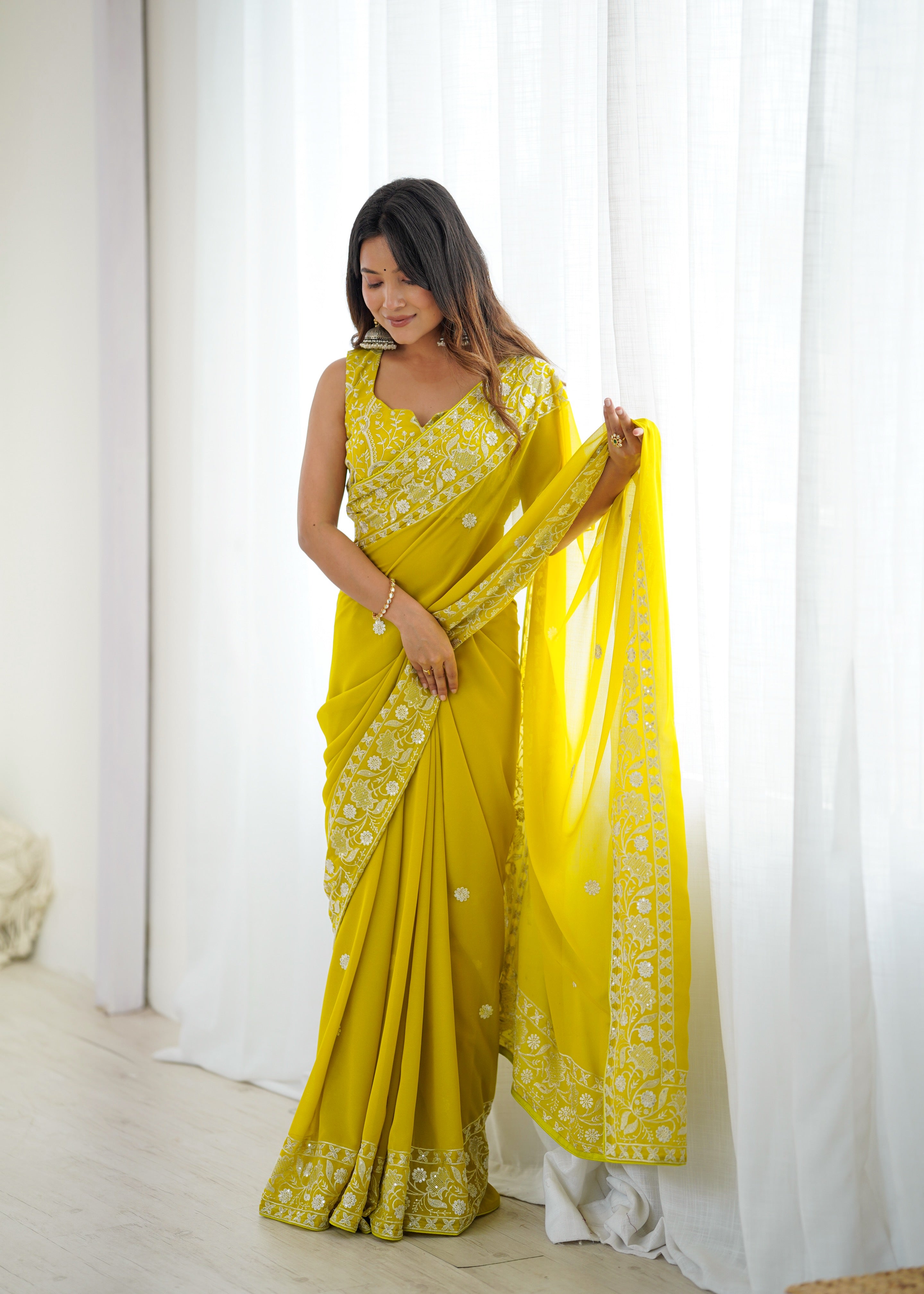 Opulent Party Wear Silk Georgette Thread Sequence Work Fancy Designer Saree With Unstitched Blouse