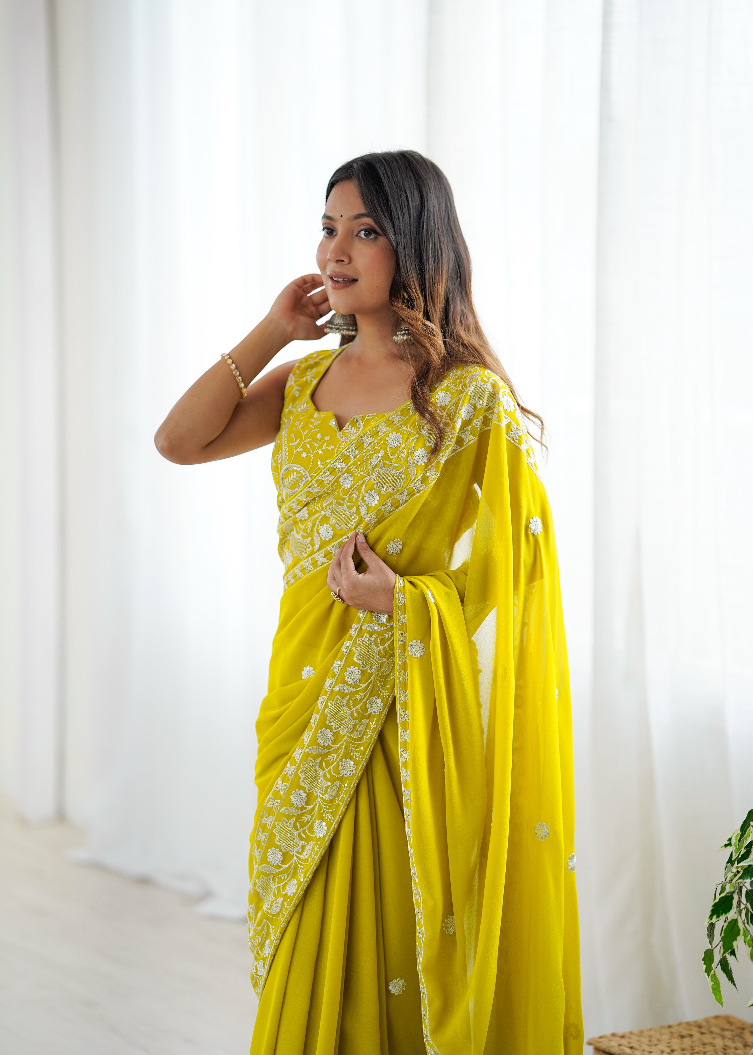Opulent Party Wear Silk Georgette Thread Sequence Work Fancy Designer Saree With Unstitched Blouse