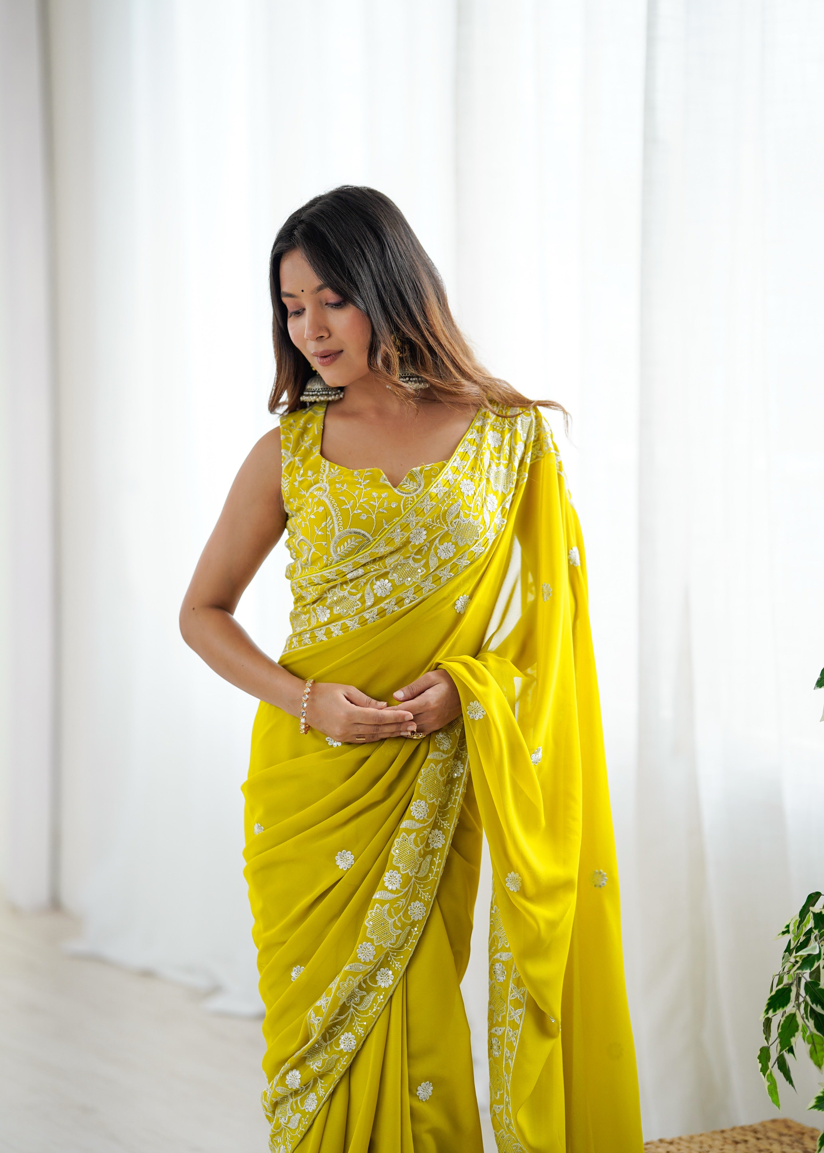 Opulent Party Wear Silk Georgette Thread Sequence Work Fancy Designer Saree With Unstitched Blouse