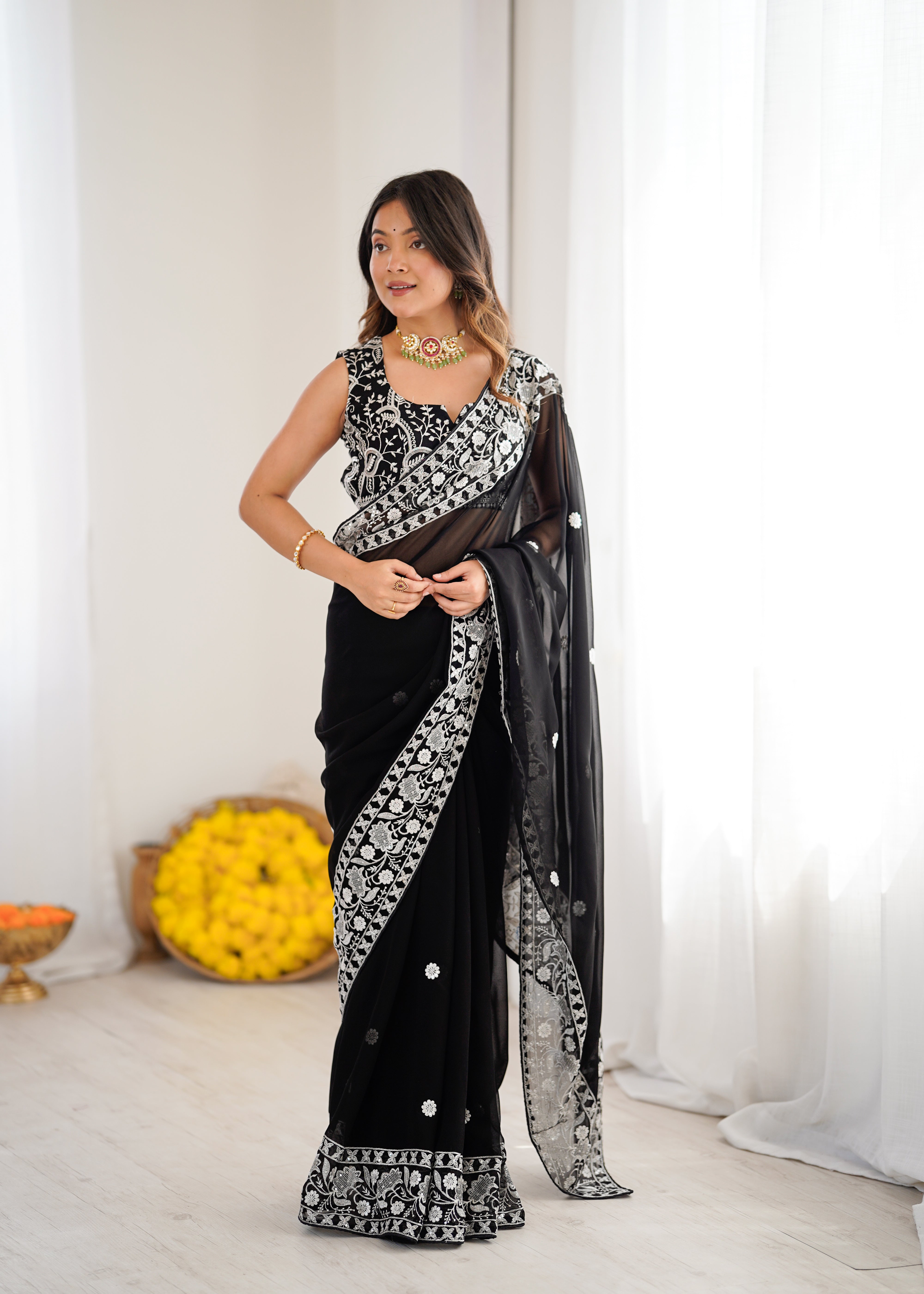 Opulent Party Wear Silk Georgette Thread Sequence Work Fancy Designer Saree With Unstitched Blouse