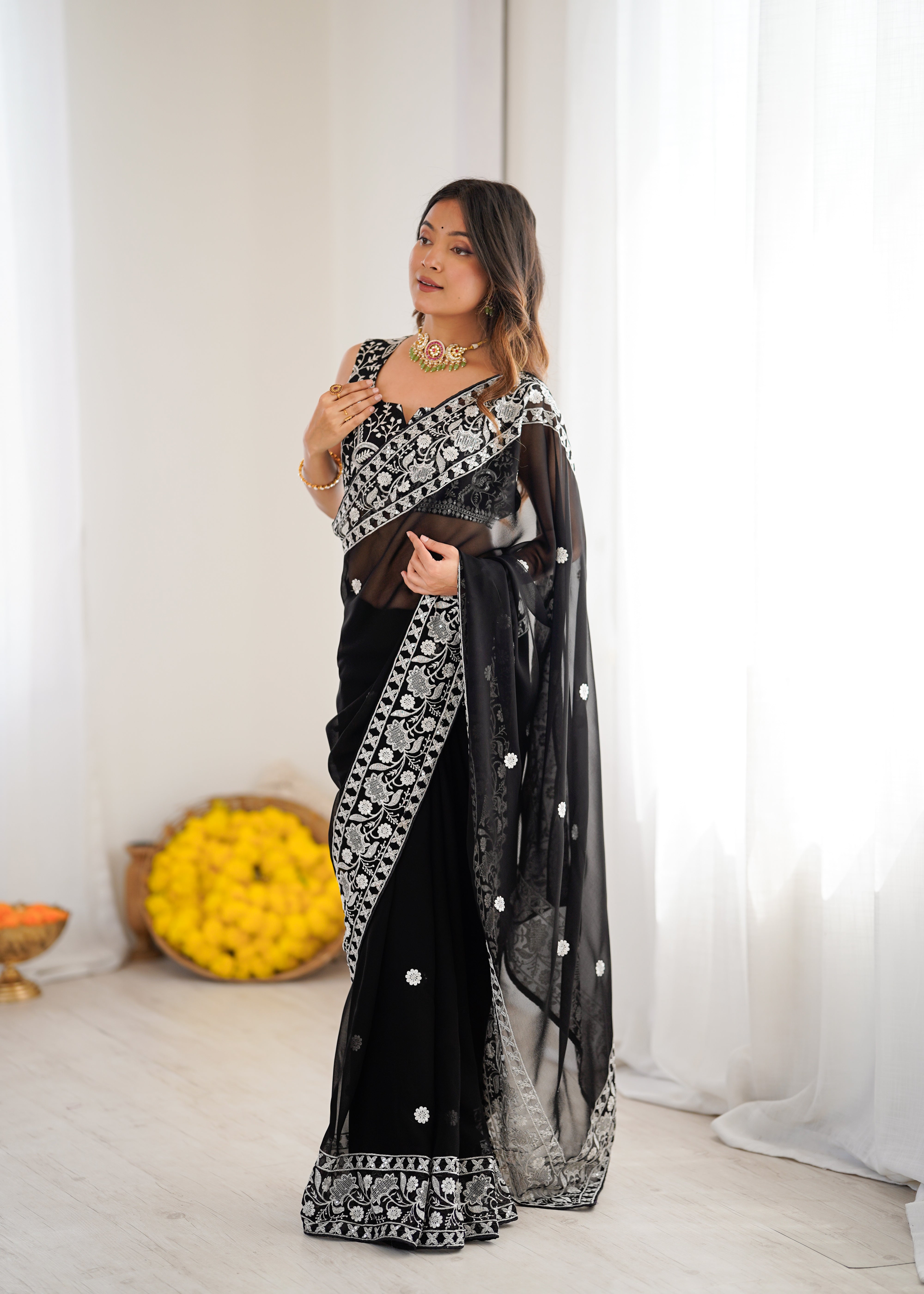Opulent Party Wear Silk Georgette Thread Sequence Work Fancy Designer Saree With Unstitched Blouse