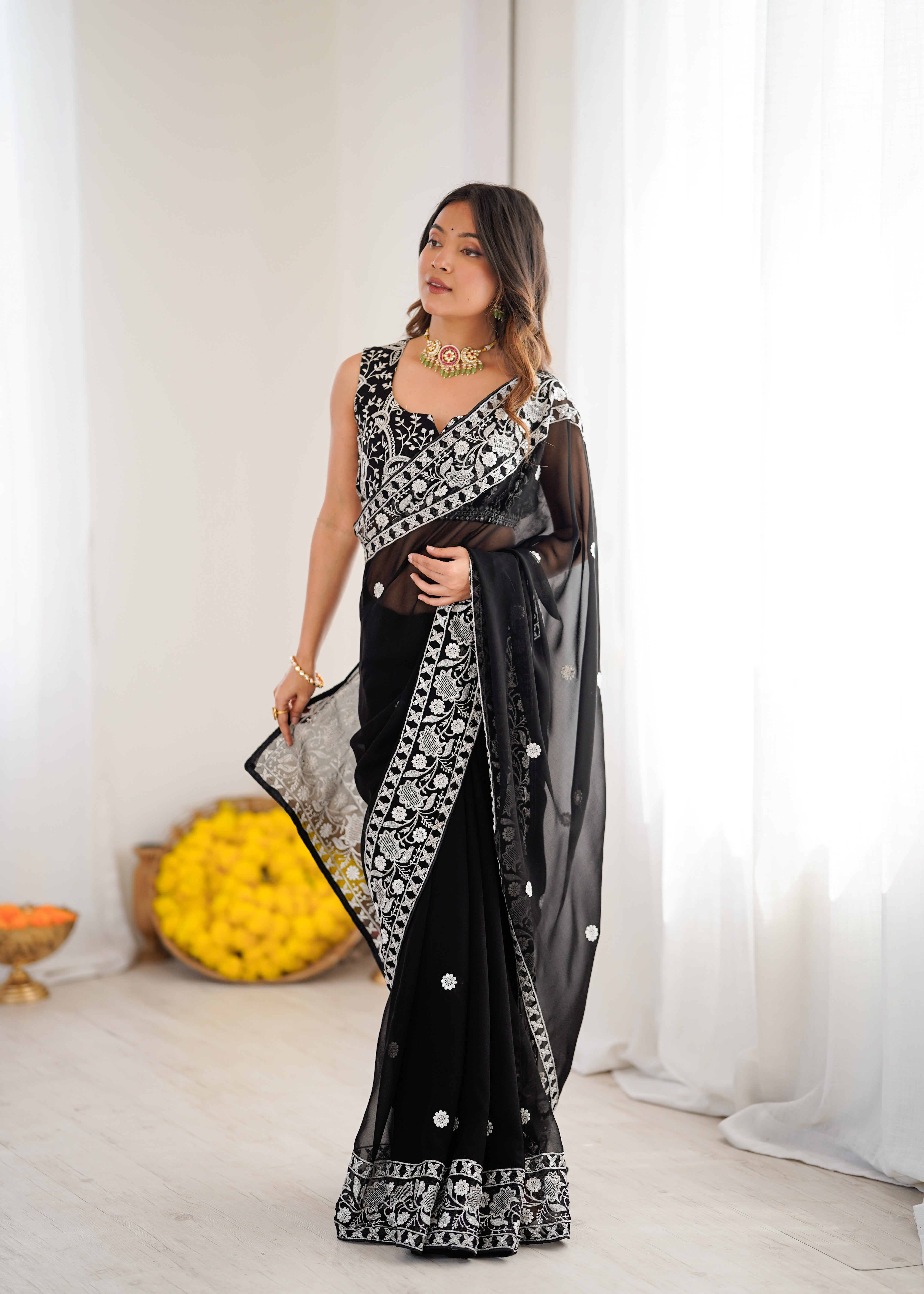 Opulent Party Wear Silk Georgette Thread Sequence Work Fancy Designer Saree With Unstitched Blouse