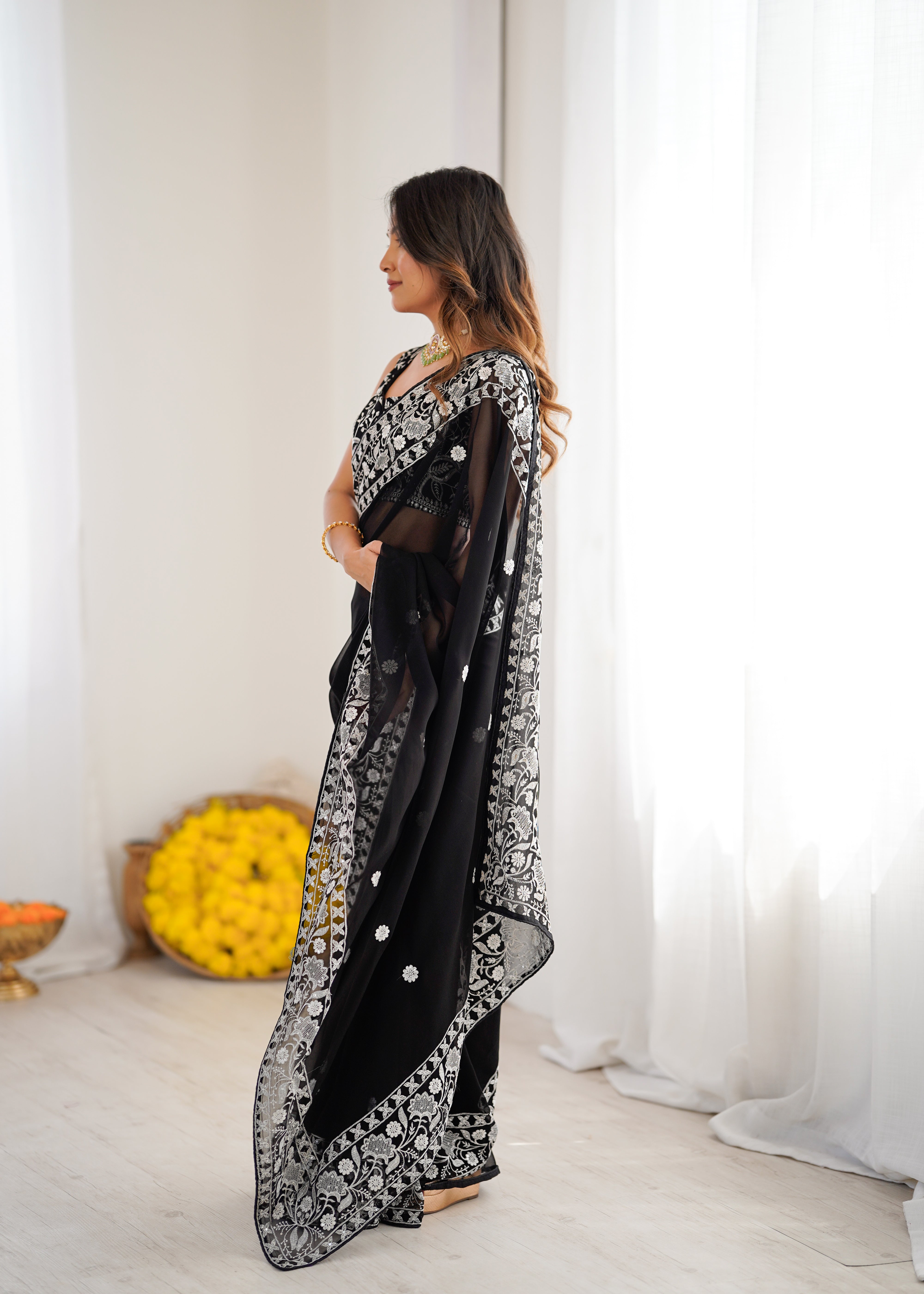 Opulent Party Wear Silk Georgette Thread Sequence Work Fancy Designer Saree With Unstitched Blouse