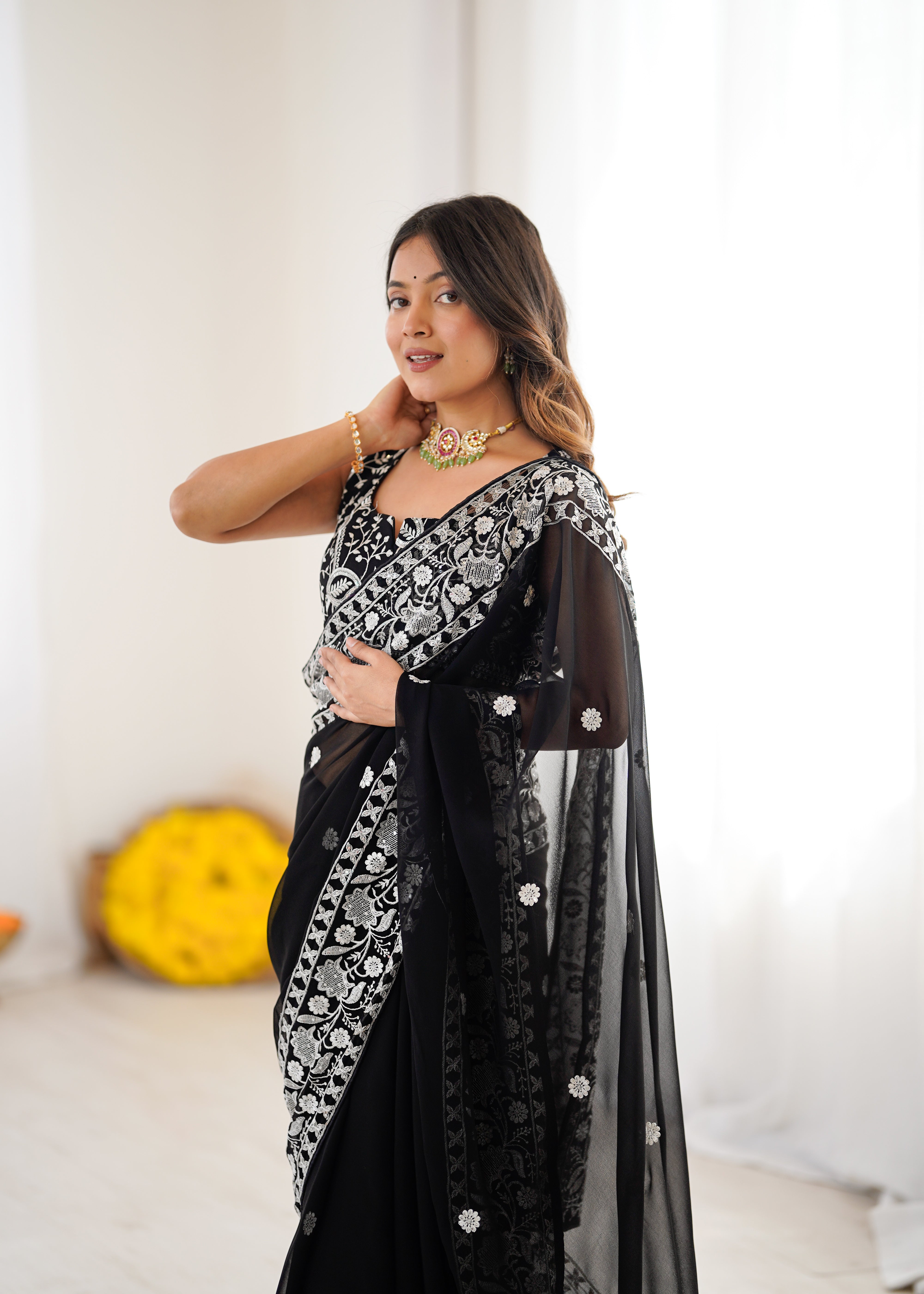 Opulent Party Wear Silk Georgette Thread Sequence Work Fancy Designer Saree With Unstitched Blouse