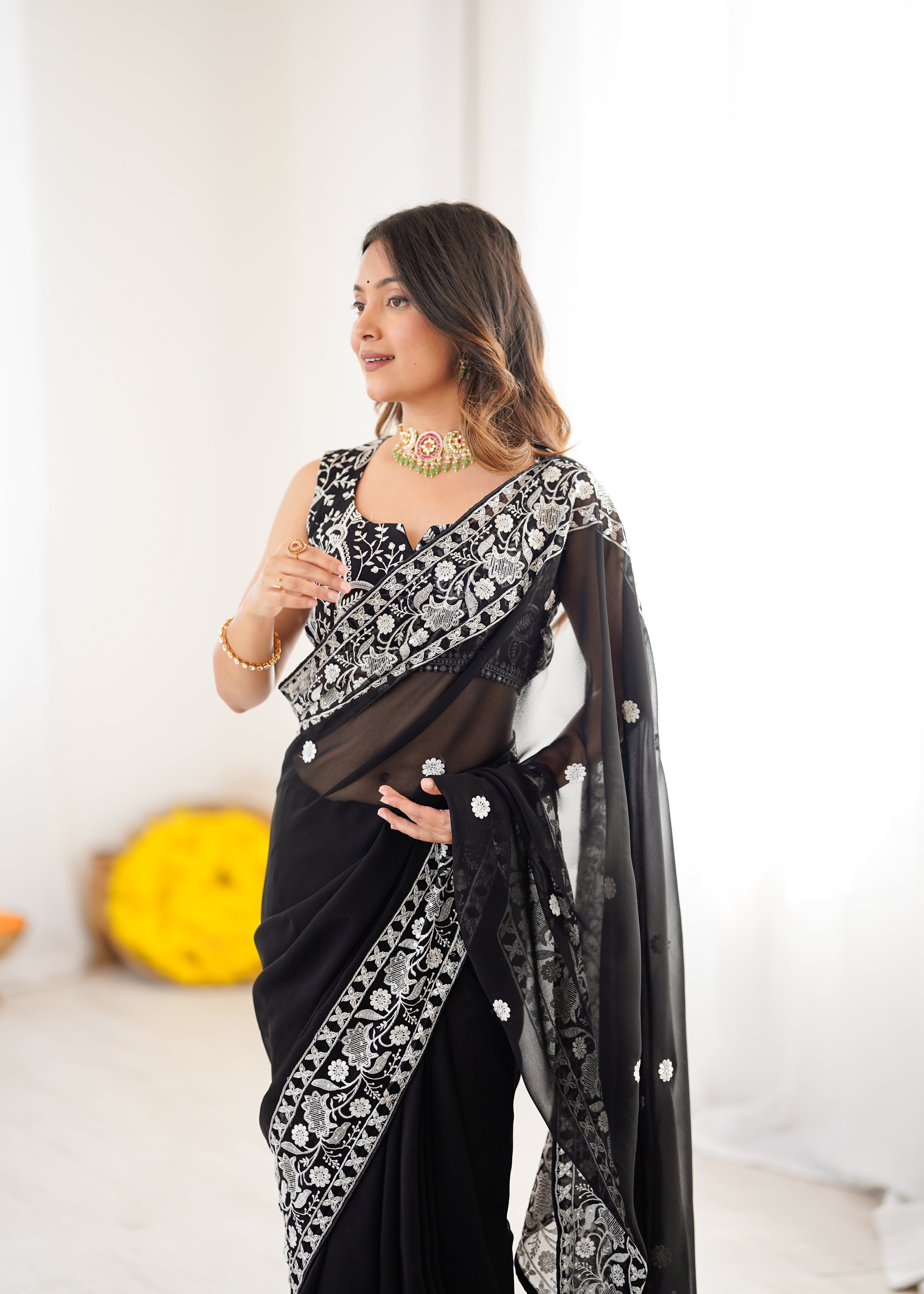 Opulent Party Wear Silk Georgette Thread Sequence Work Fancy Designer Saree With Unstitched Blouse