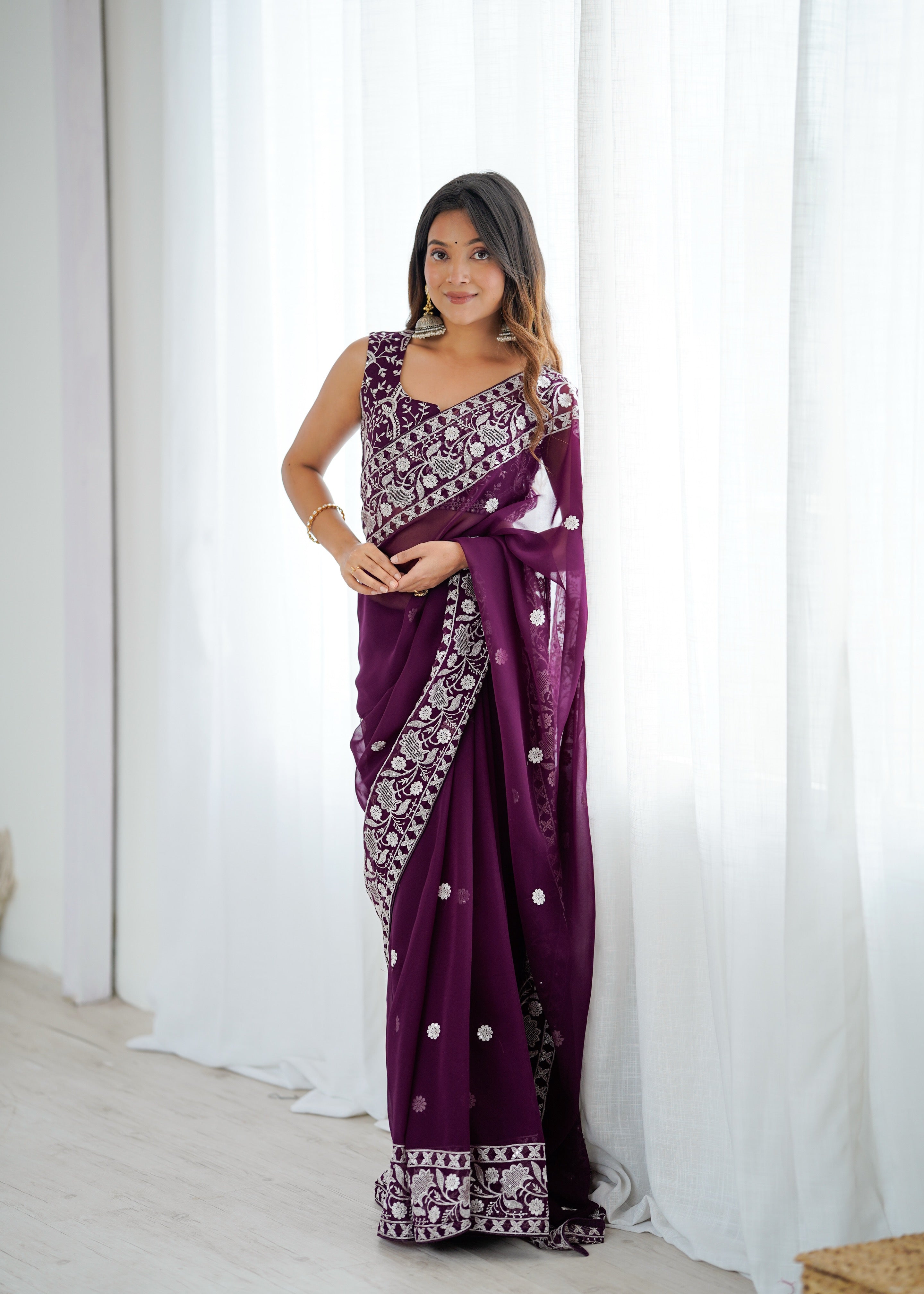 Opulent Party Wear Silk Georgette Thread Sequence Work Fancy Designer Saree With Unstitched Blouse