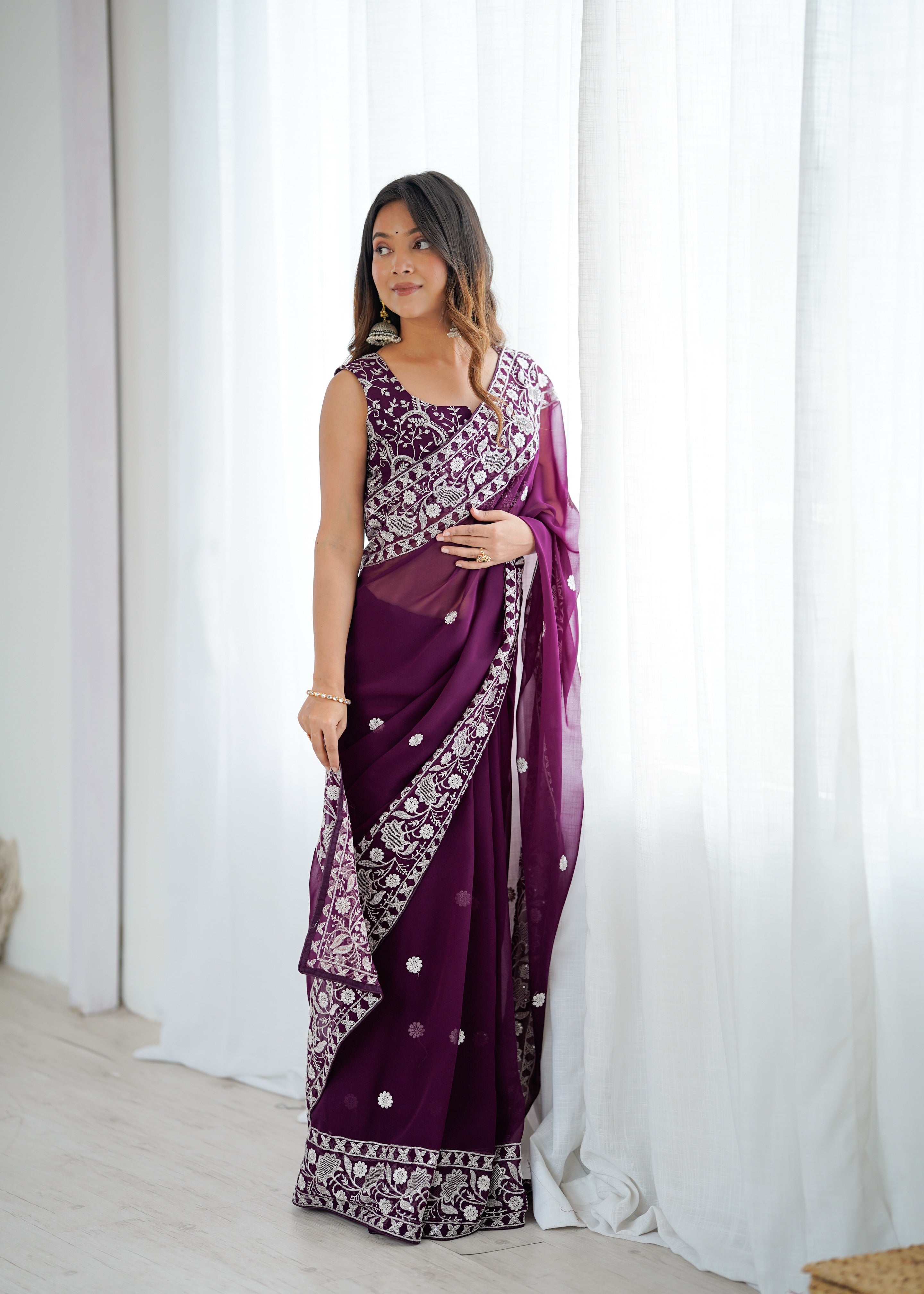 Opulent Party Wear Silk Georgette Thread Sequence Work Fancy Designer Saree With Unstitched Blouse
