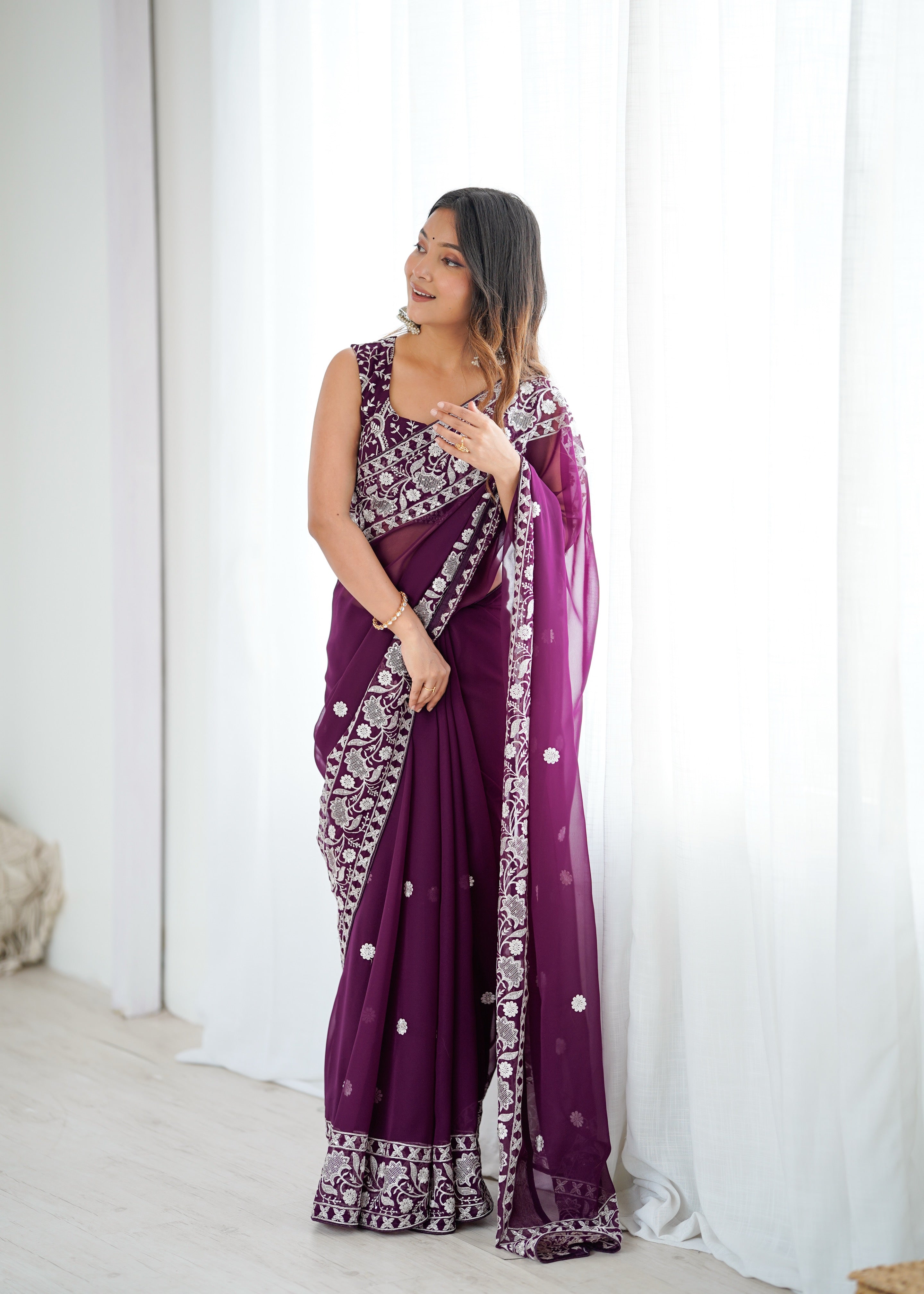 Opulent Party Wear Silk Georgette Thread Sequence Work Fancy Designer Saree With Unstitched Blouse