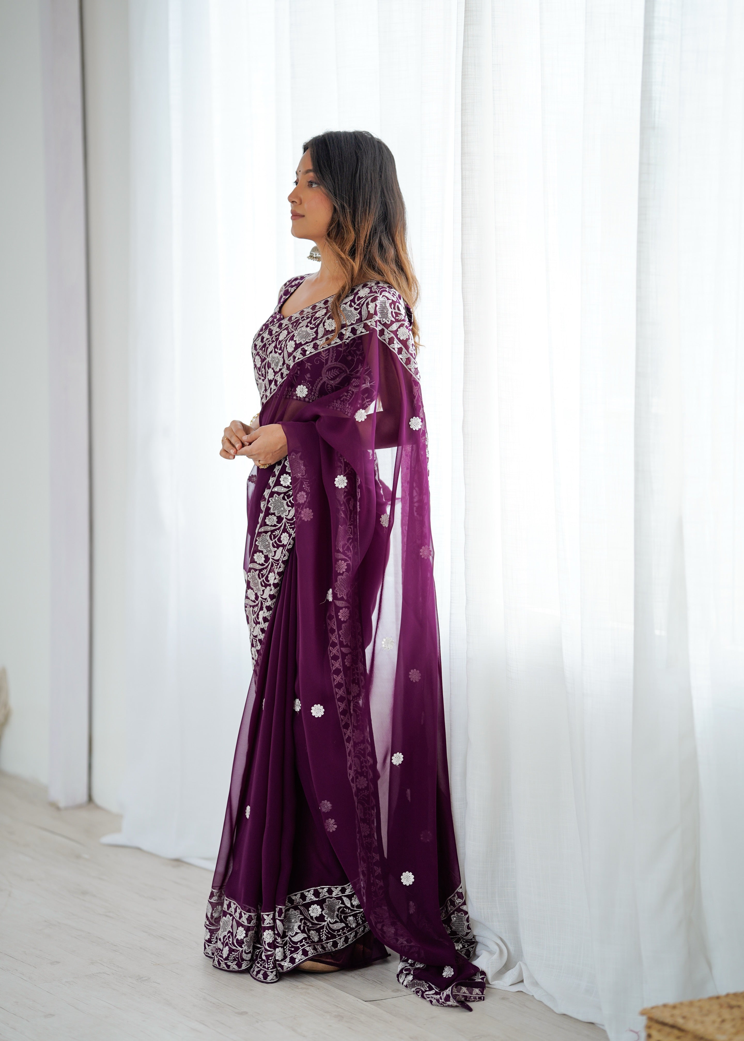 Opulent Party Wear Silk Georgette Thread Sequence Work Fancy Designer Saree With Unstitched Blouse