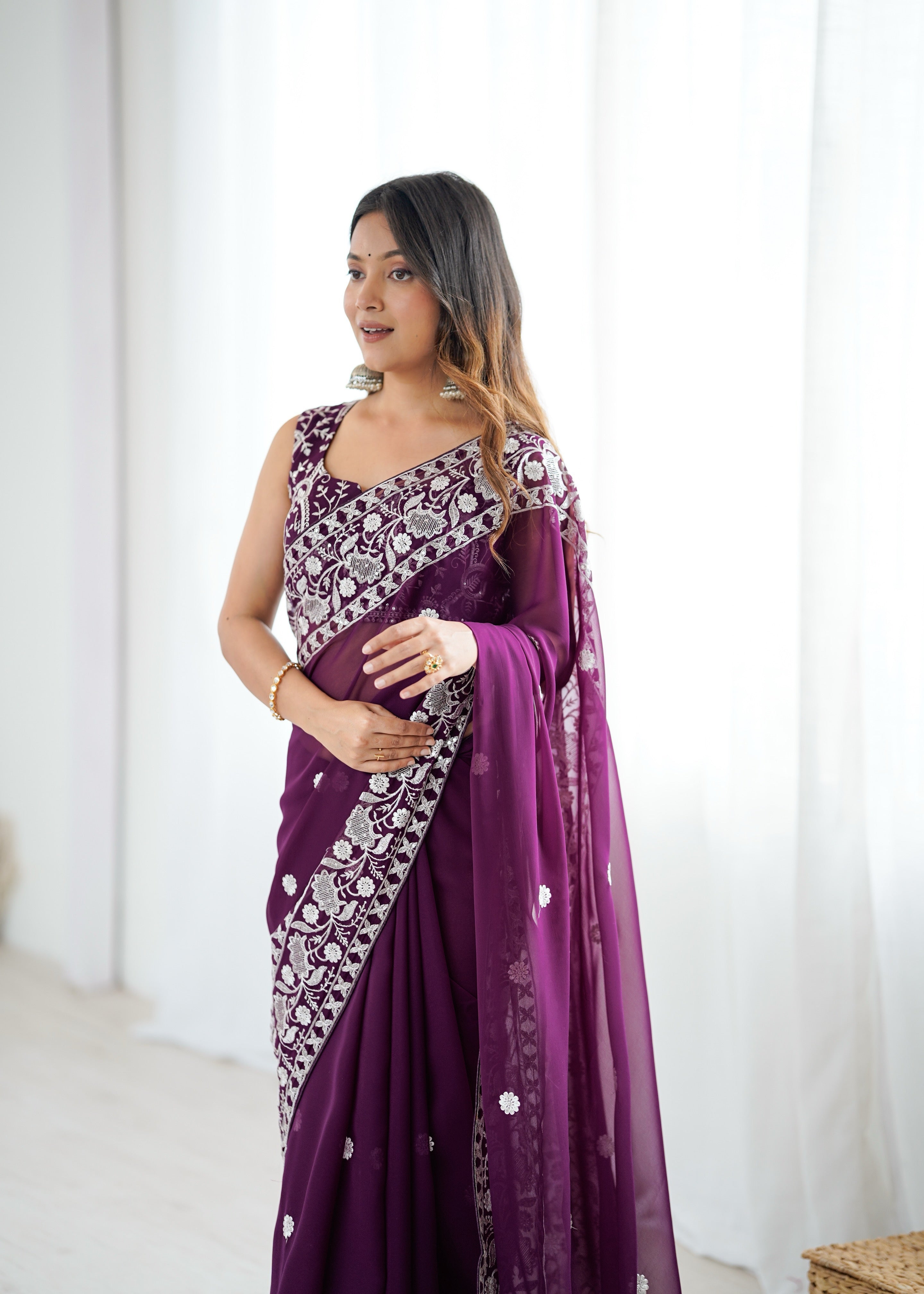 Opulent Party Wear Silk Georgette Thread Sequence Work Fancy Designer Saree With Unstitched Blouse