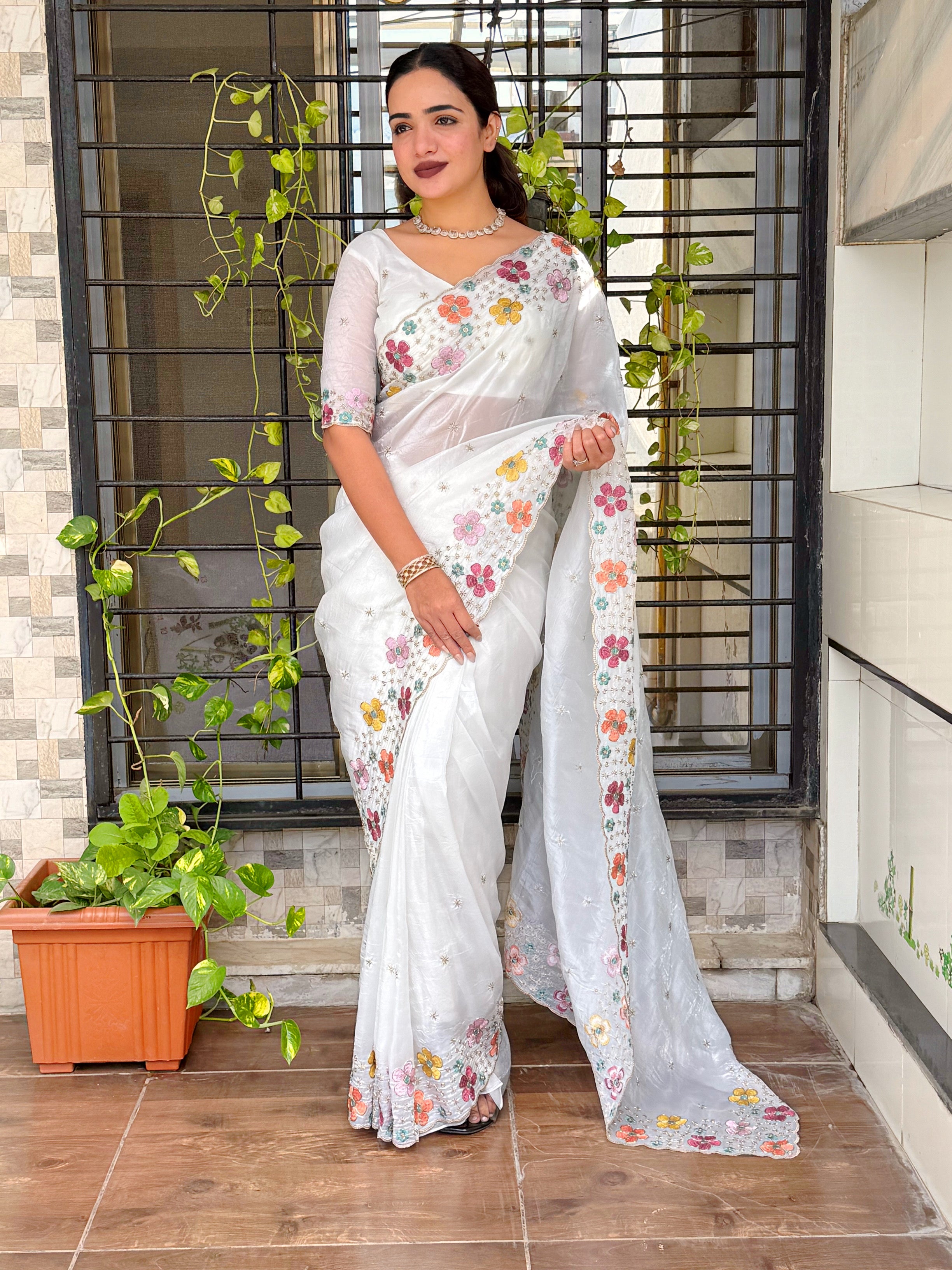 Sumptuous Sufi Silk Crush Thread n Sequence Beads Work Fancy Designer Saree With Exquisite Blouse Piece