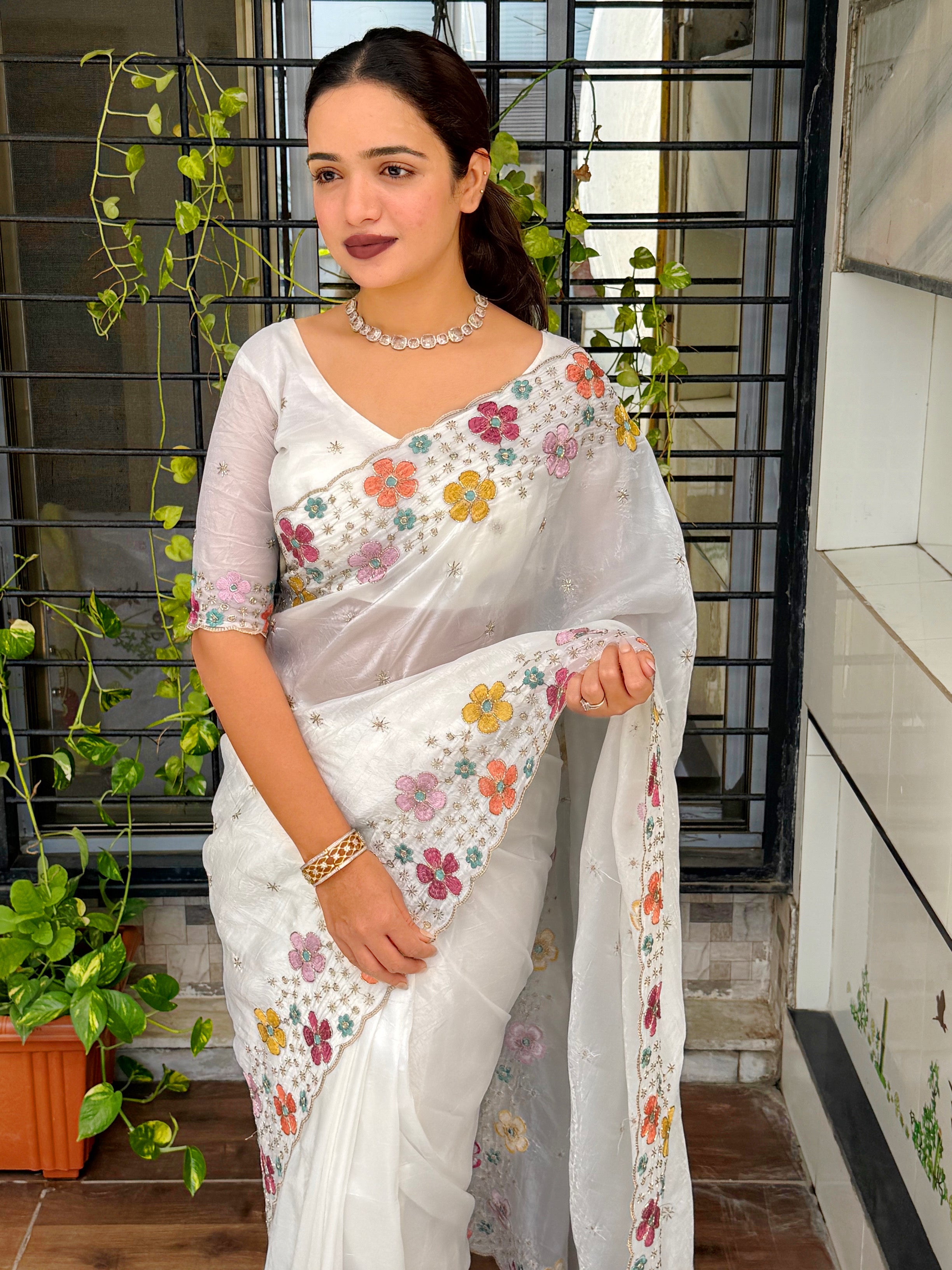Sumptuous Sufi Silk Crush Thread n Sequence Beads Work Fancy Designer Saree With Exquisite Blouse Piece