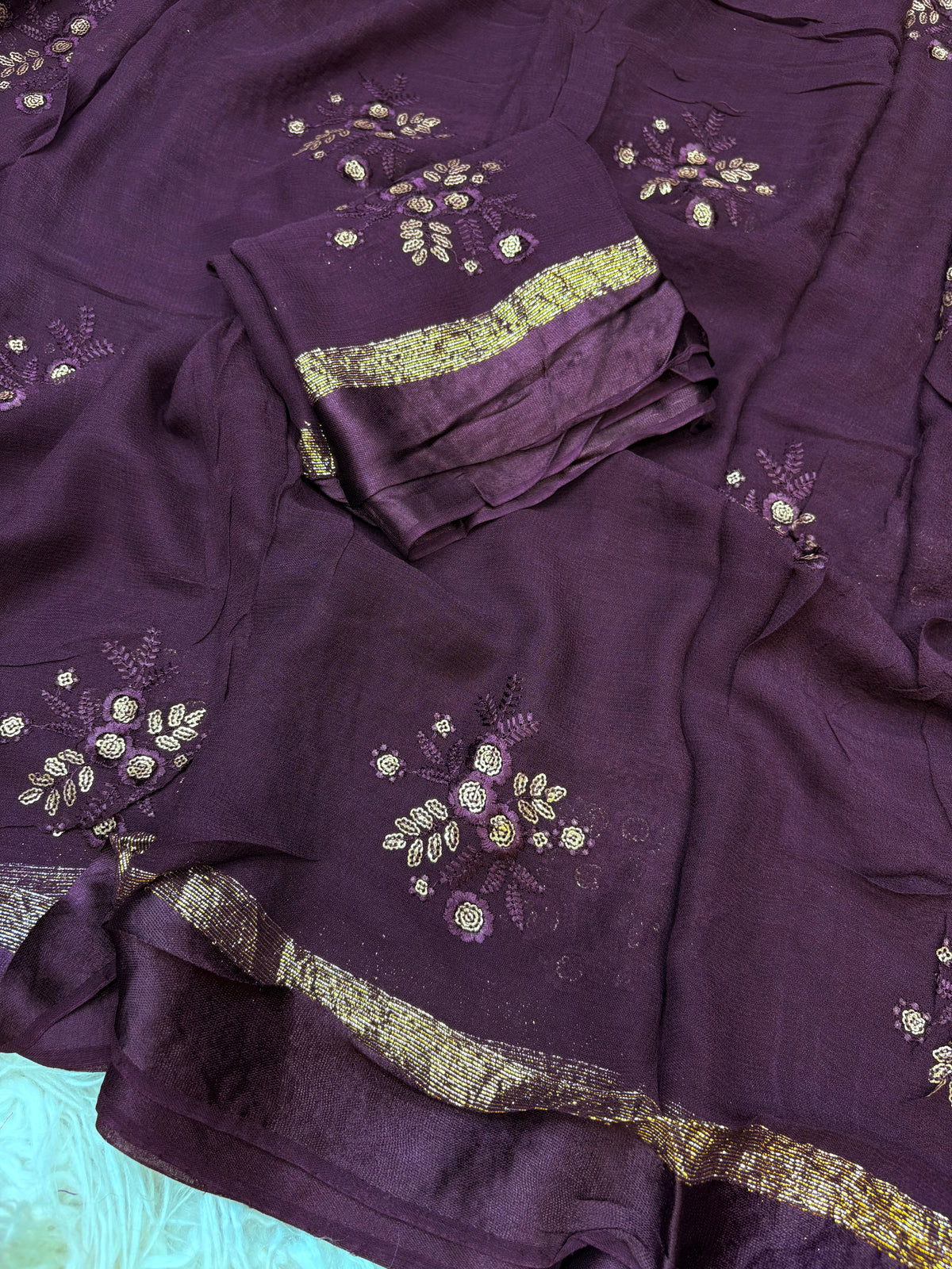 Glamorous Pure Viscose Georgette Fabric With Satin Border n Sequence Work Saree With Ravishing Blouse Piece