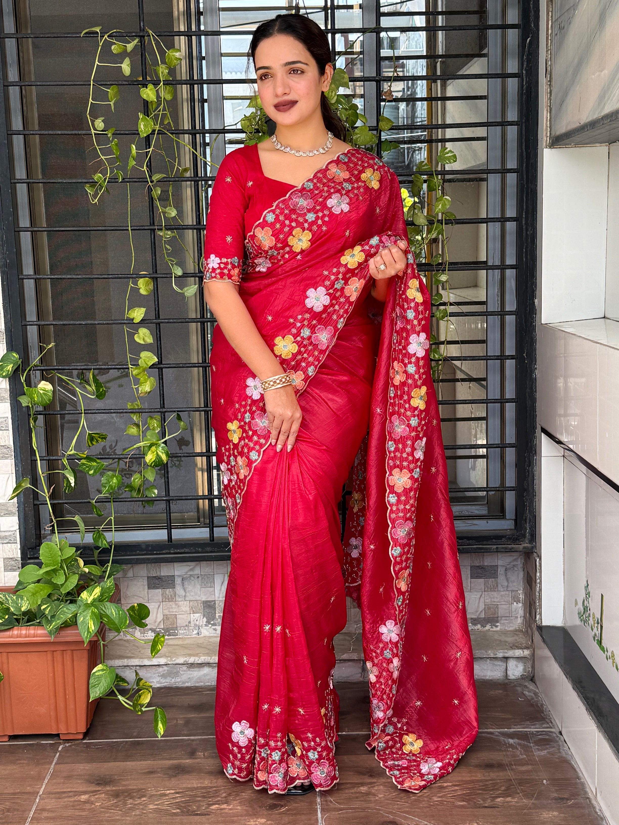 Sumptuous Sufi Silk Crush Thread n Sequence Beads Work Fancy Designer Saree With Exquisite Blouse Piece