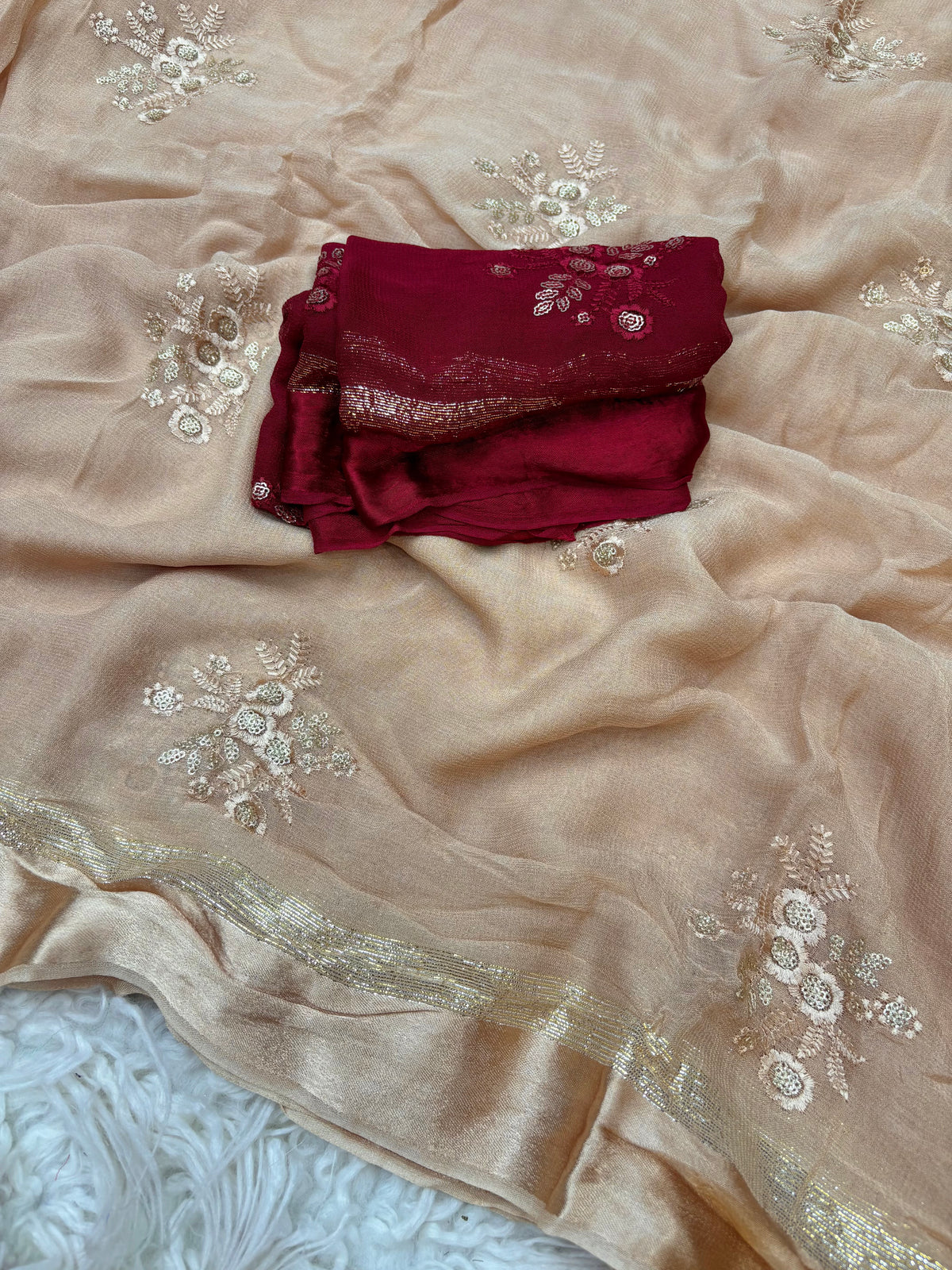 Glamorous Pure Viscose Georgette Fabric With Satin Border n Sequence Work Saree With Ravishing Blouse Piece