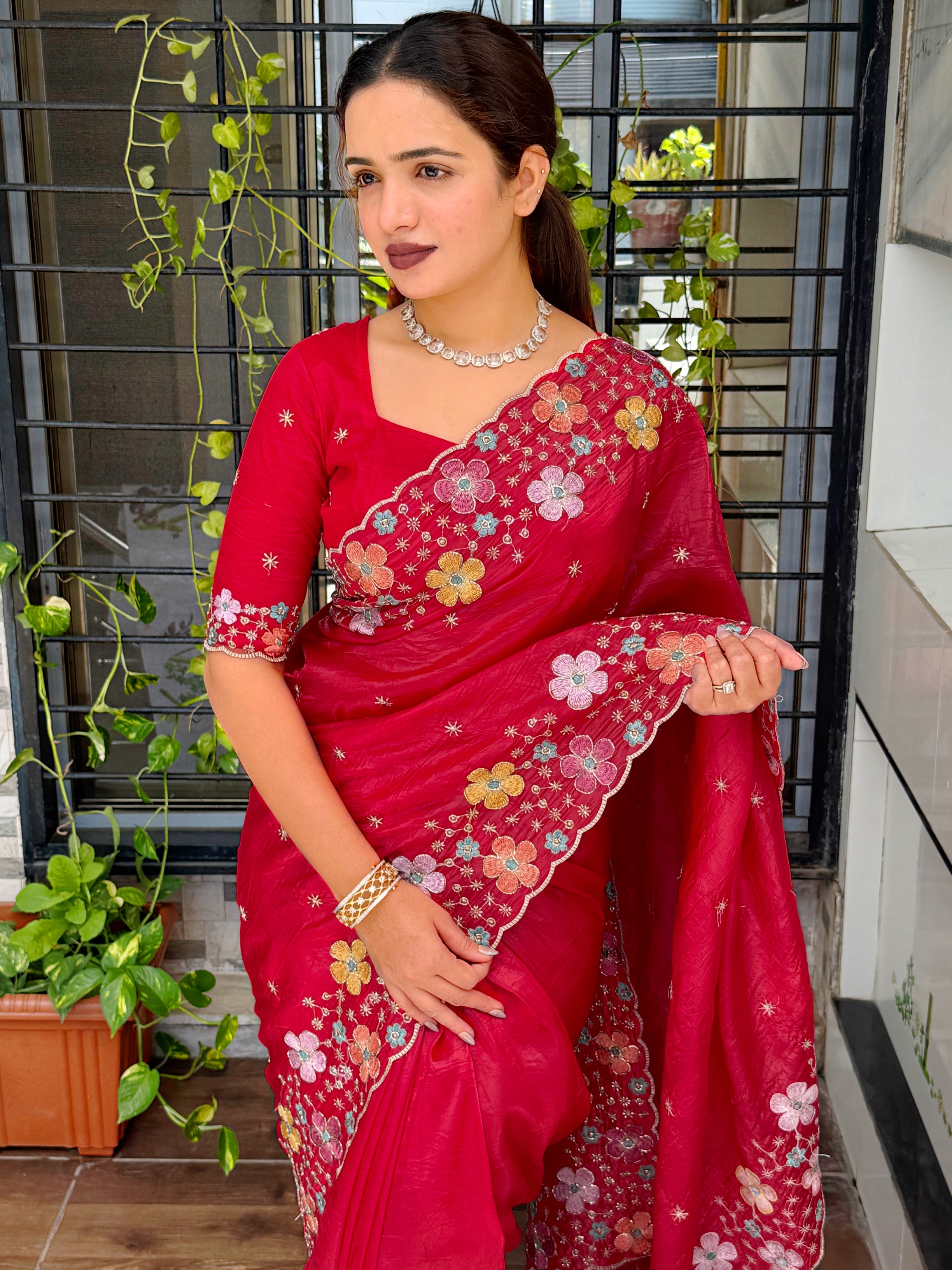Sumptuous Sufi Silk Crush Thread n Sequence Beads Work Fancy Designer Saree With Exquisite Blouse Piece
