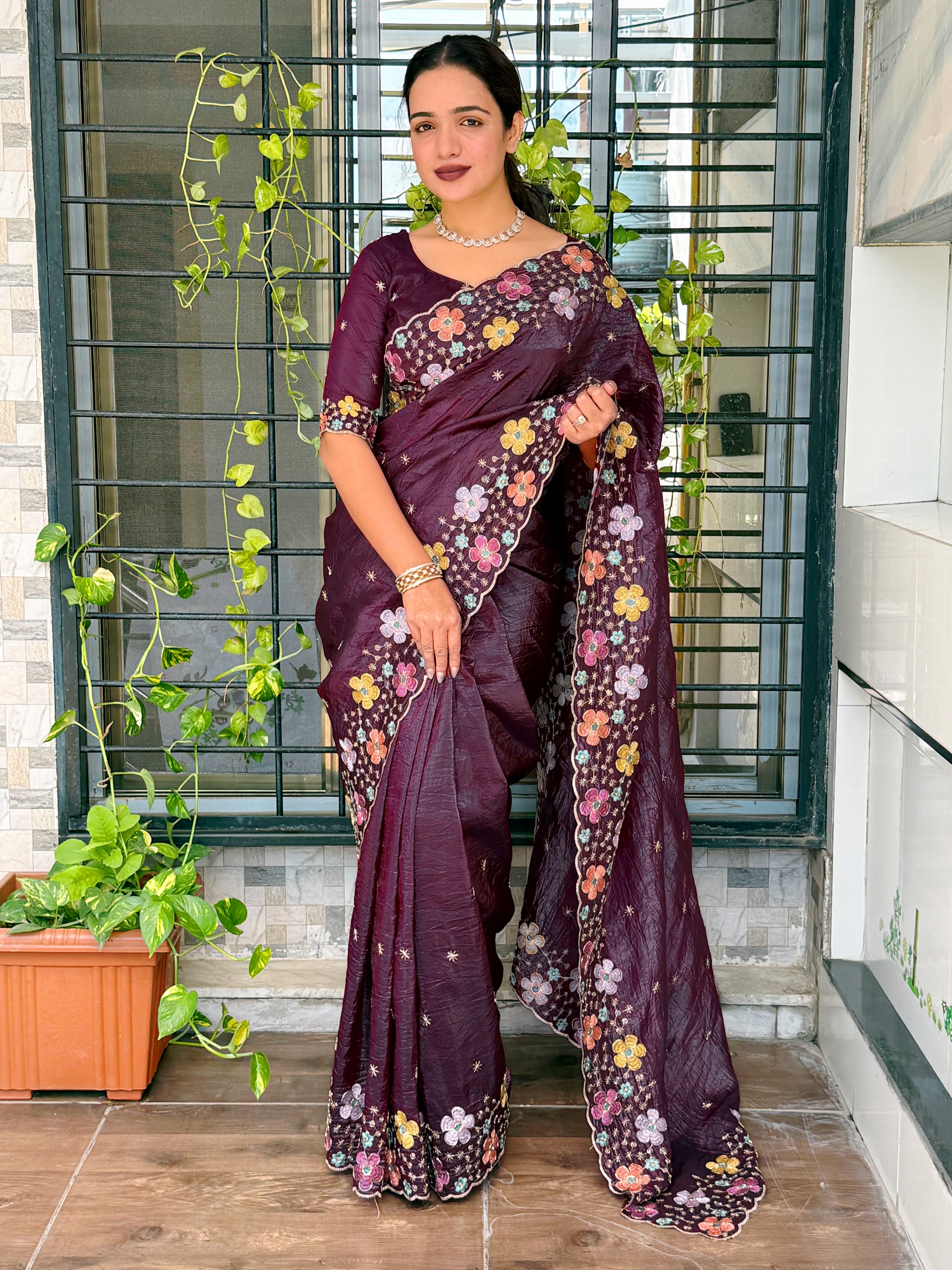 Sumptuous Sufi Silk Crush Thread n Sequence Beads Work Fancy Designer Saree With Exquisite Blouse Piece
