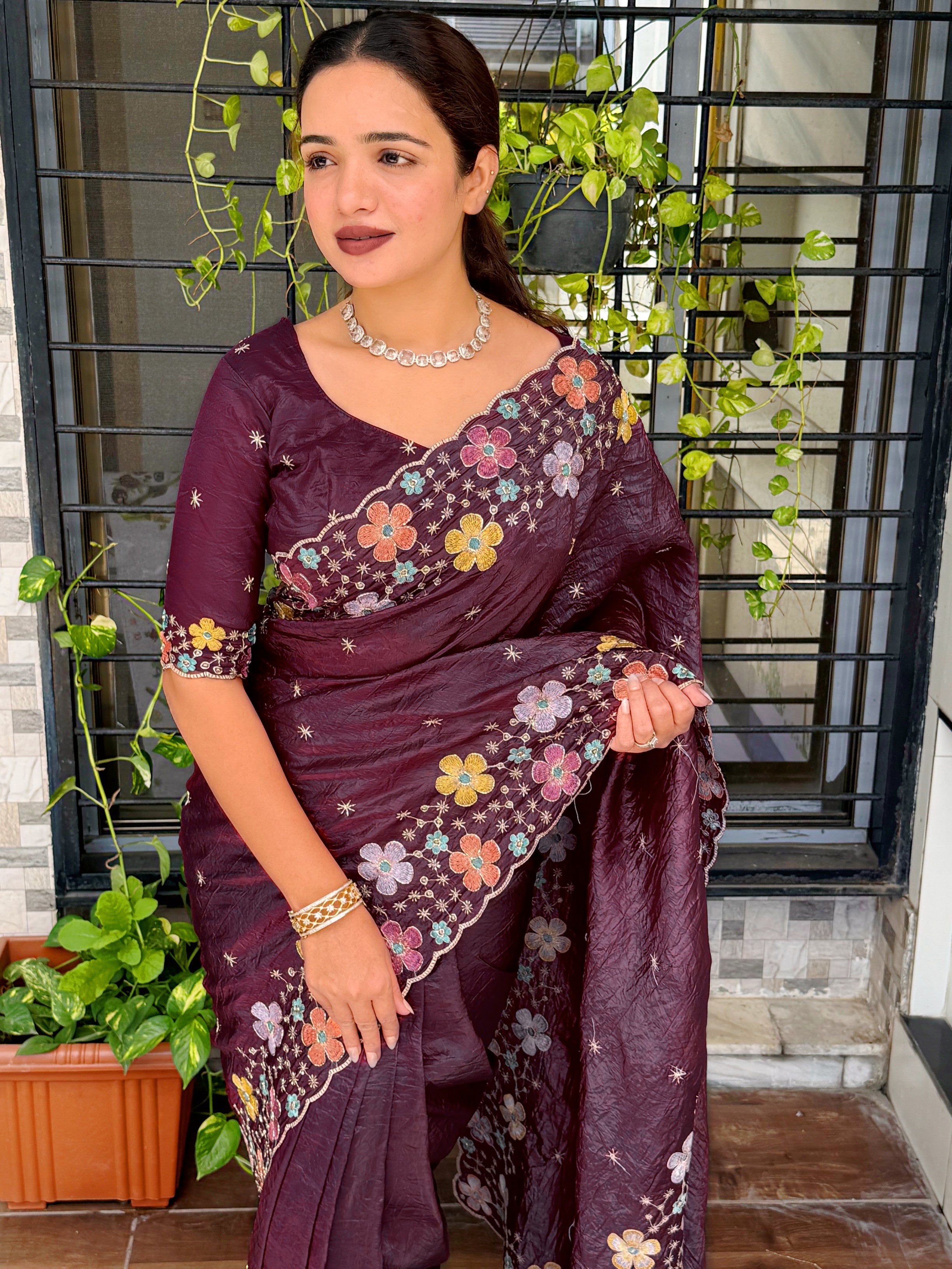 Sumptuous Sufi Silk Crush Thread n Sequence Beads Work Fancy Designer Saree With Exquisite Blouse Piece