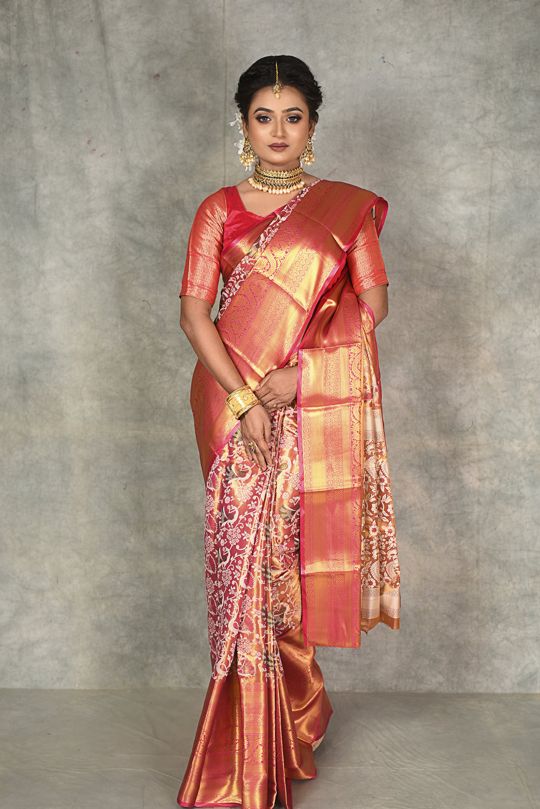 Pink n Gold-Toned Jacquard Woven Design Kanjivaram Pattu Silk Saree
