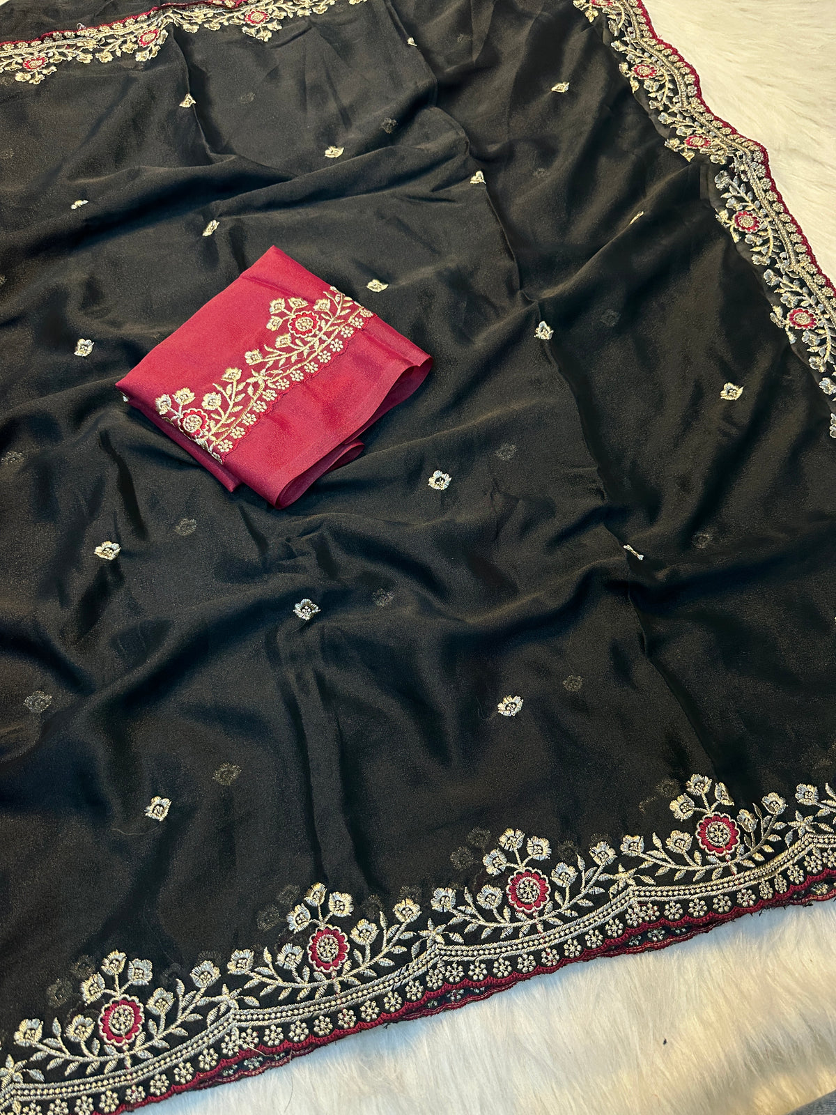 Graceful Party Wear Georgette Multi Embroidery n Thread Work Fancy Saree With Ravishing Blouse Piece