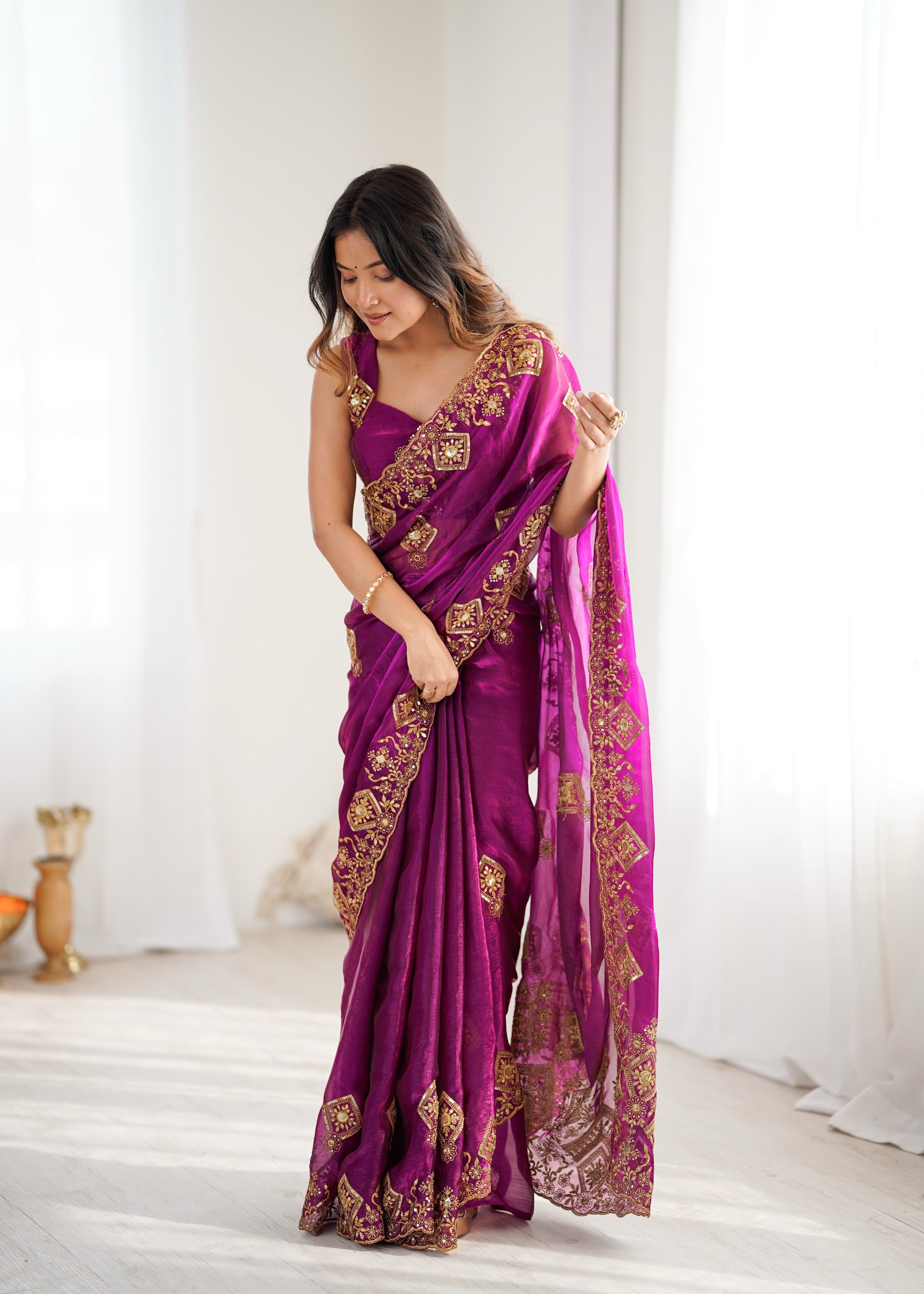 Prettiest Wedding Wear Silk Thread With Sequence Work Fancy Designer Saree With Unstitched Blouse