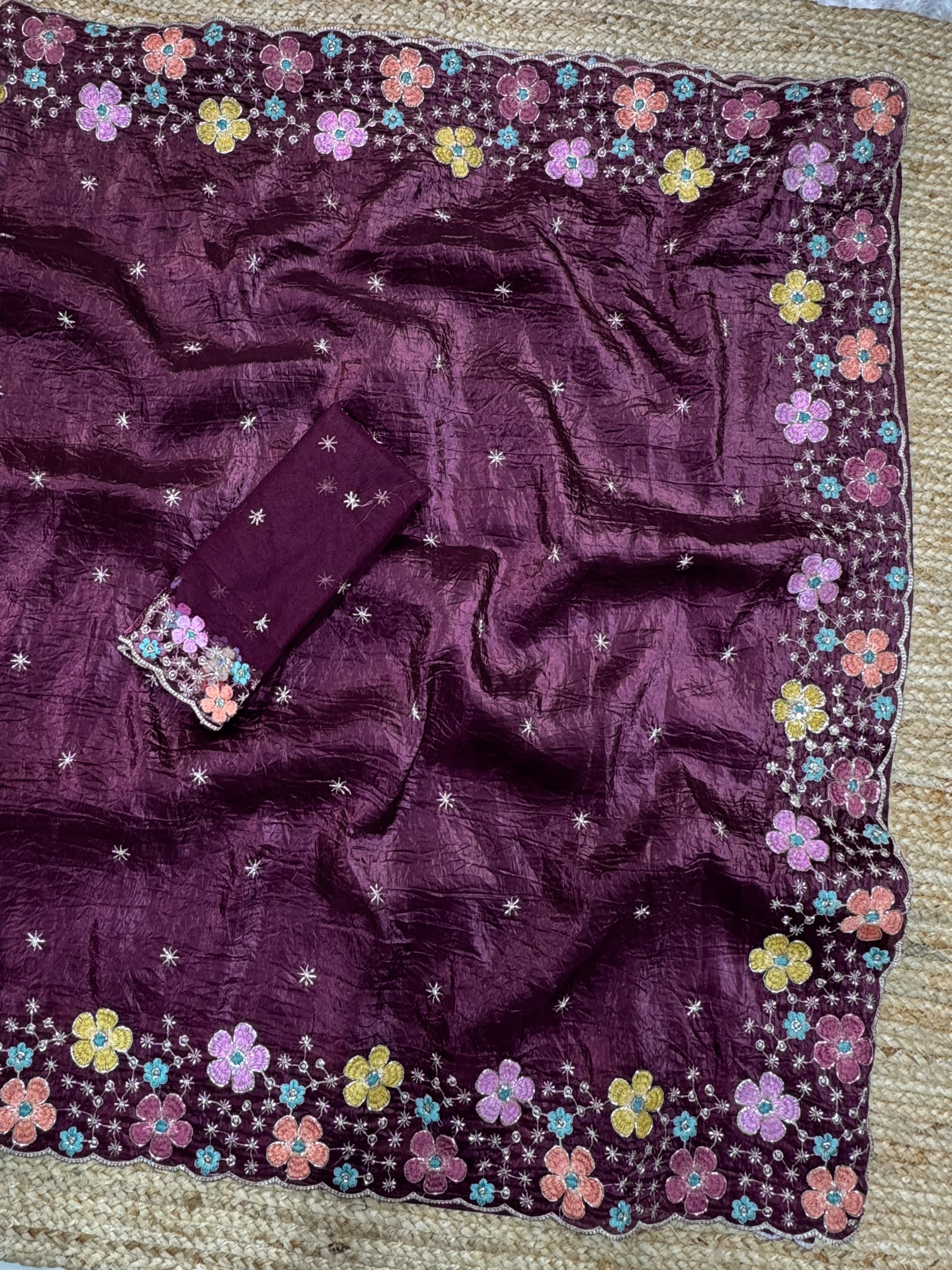 Sumptuous Sufi Silk Crush Thread n Sequence Beads Work Fancy Designer Saree With Exquisite Blouse Piece