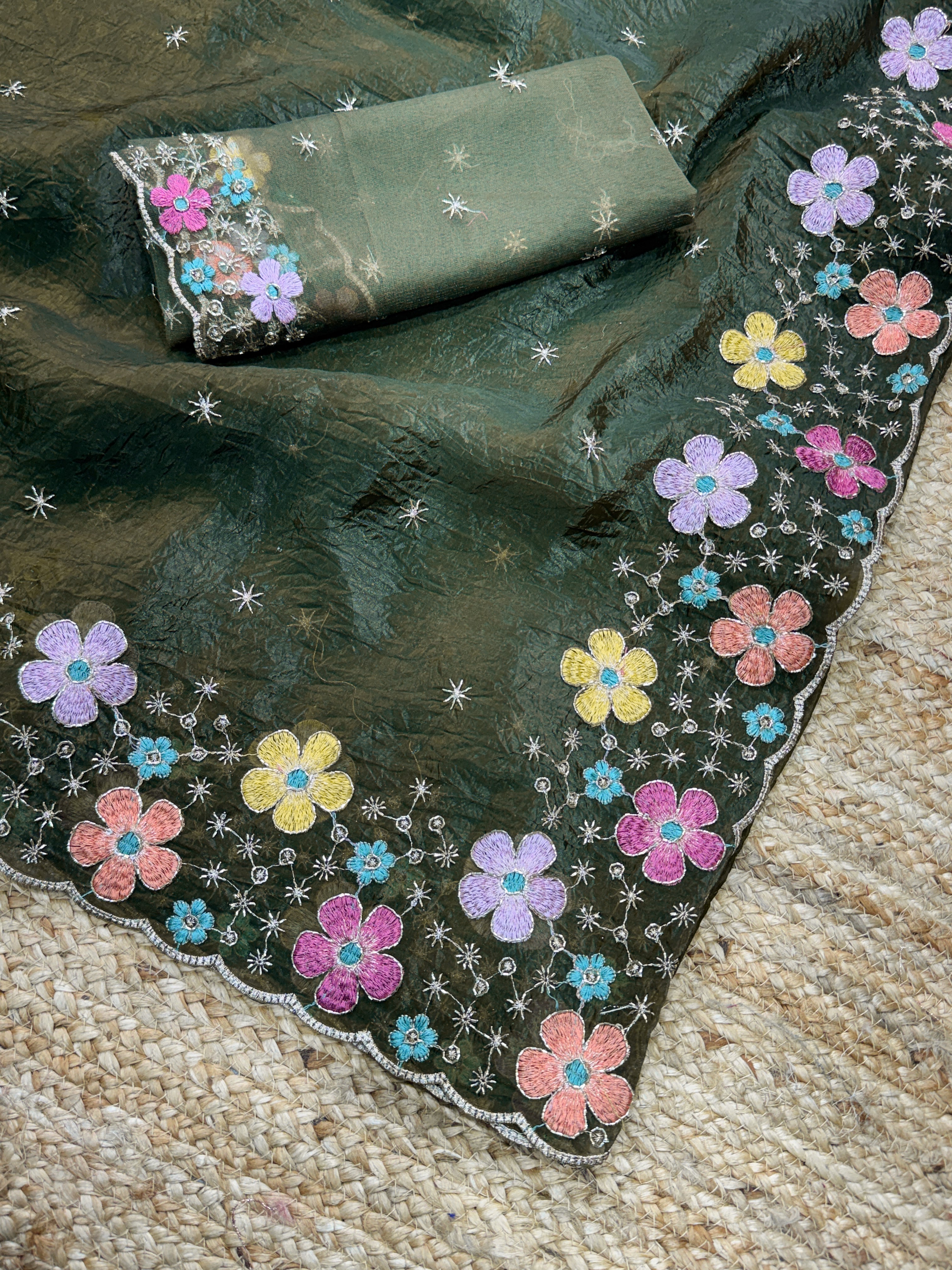 Sumptuous Sufi Silk Crush Thread n Sequence Beads Work Fancy Designer Saree With Exquisite Blouse Piece