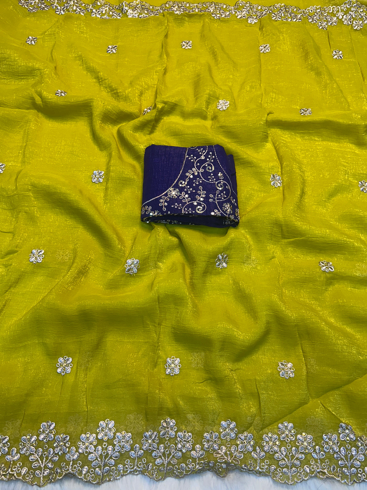 Impressive Party Wear Soft Crunchy Silk Embroidery n Cut Work Designer Saree With Contrast Blouse Piece