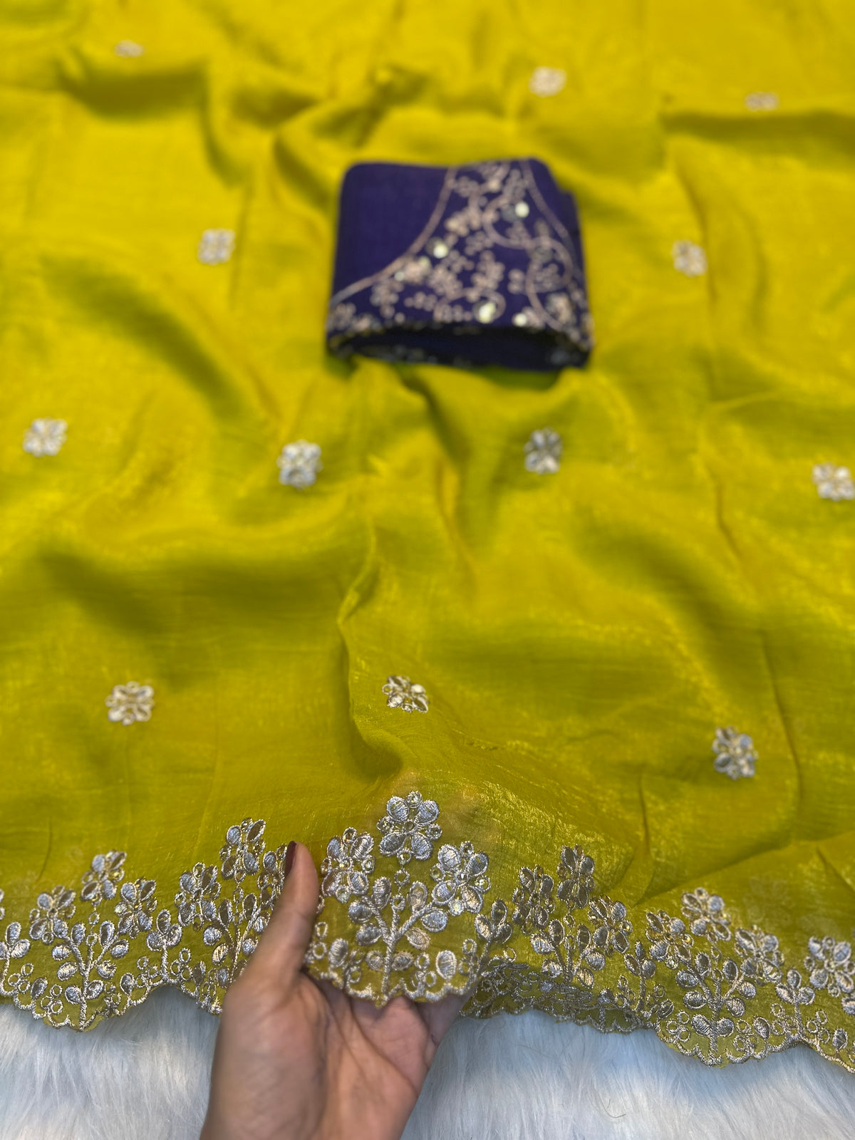 Impressive Party Wear Soft Crunchy Silk Embroidery n Cut Work Designer Saree With Contrast Blouse Piece
