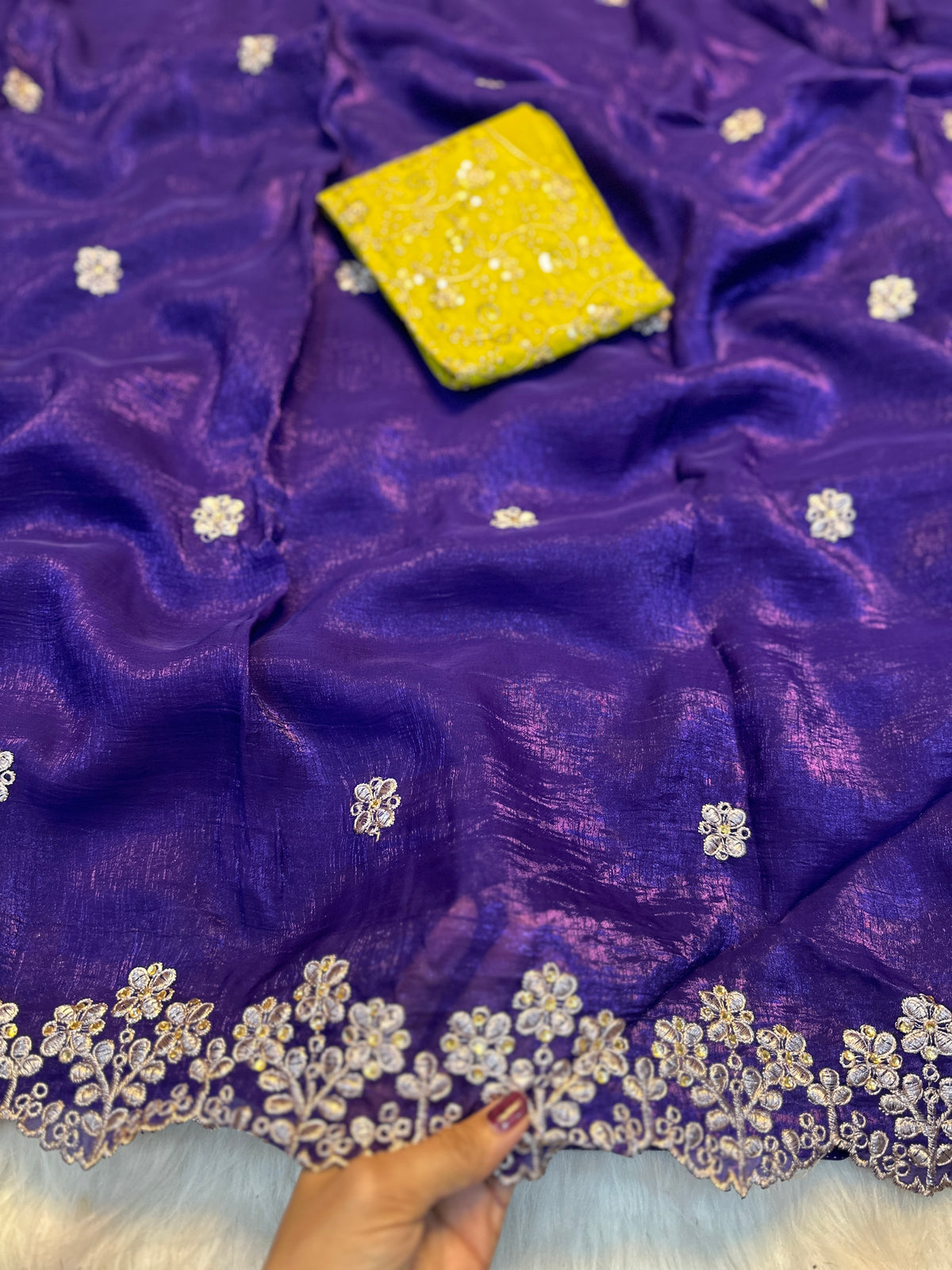 Impressive Party Wear Soft Crunchy Silk Embroidery n Cut Work Designer Saree With Contrast Blouse Piece
