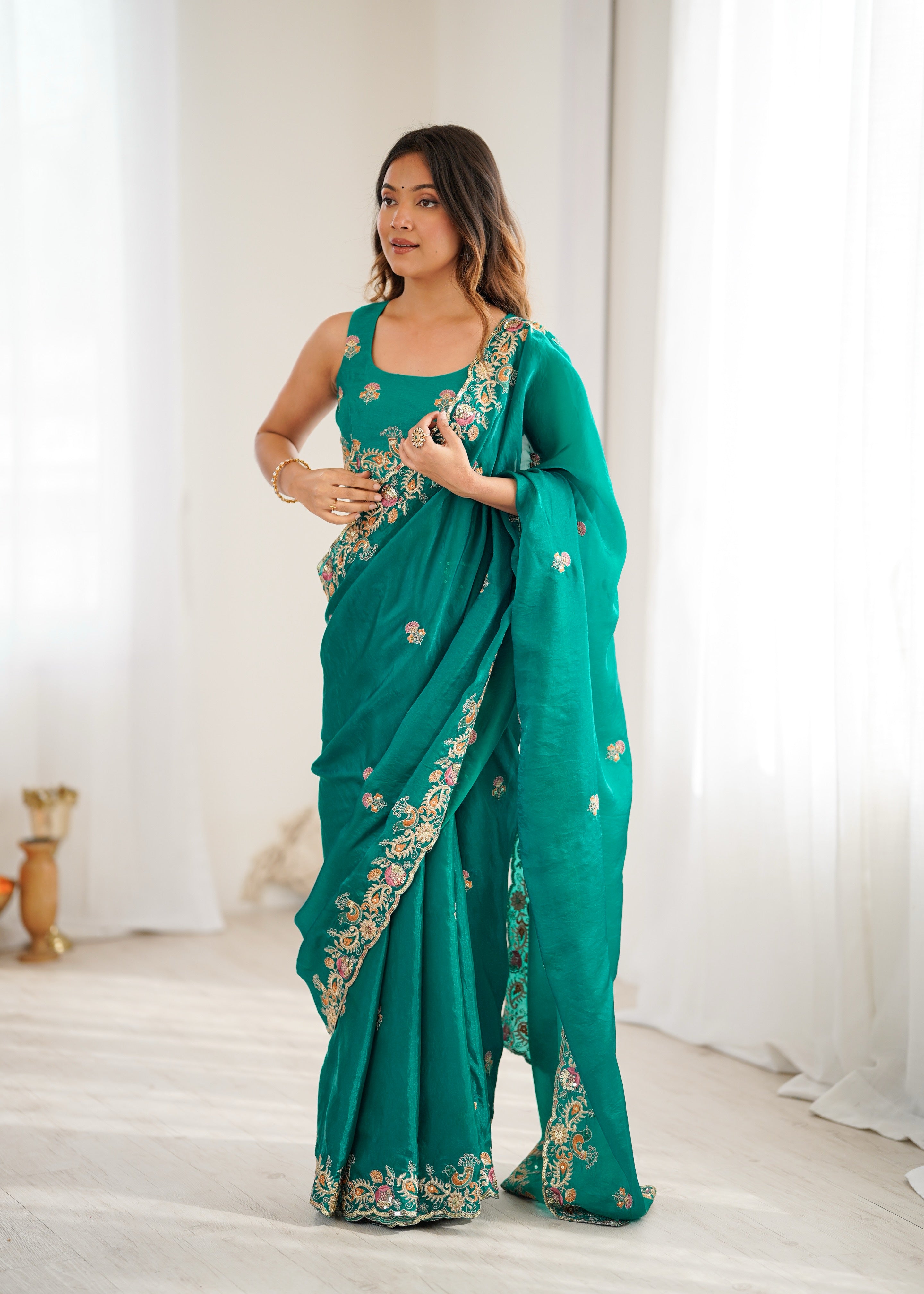 Demanding Function Wear Silk Thread With Sequence Work Fancy Designer Saree With Unstitched Blouse