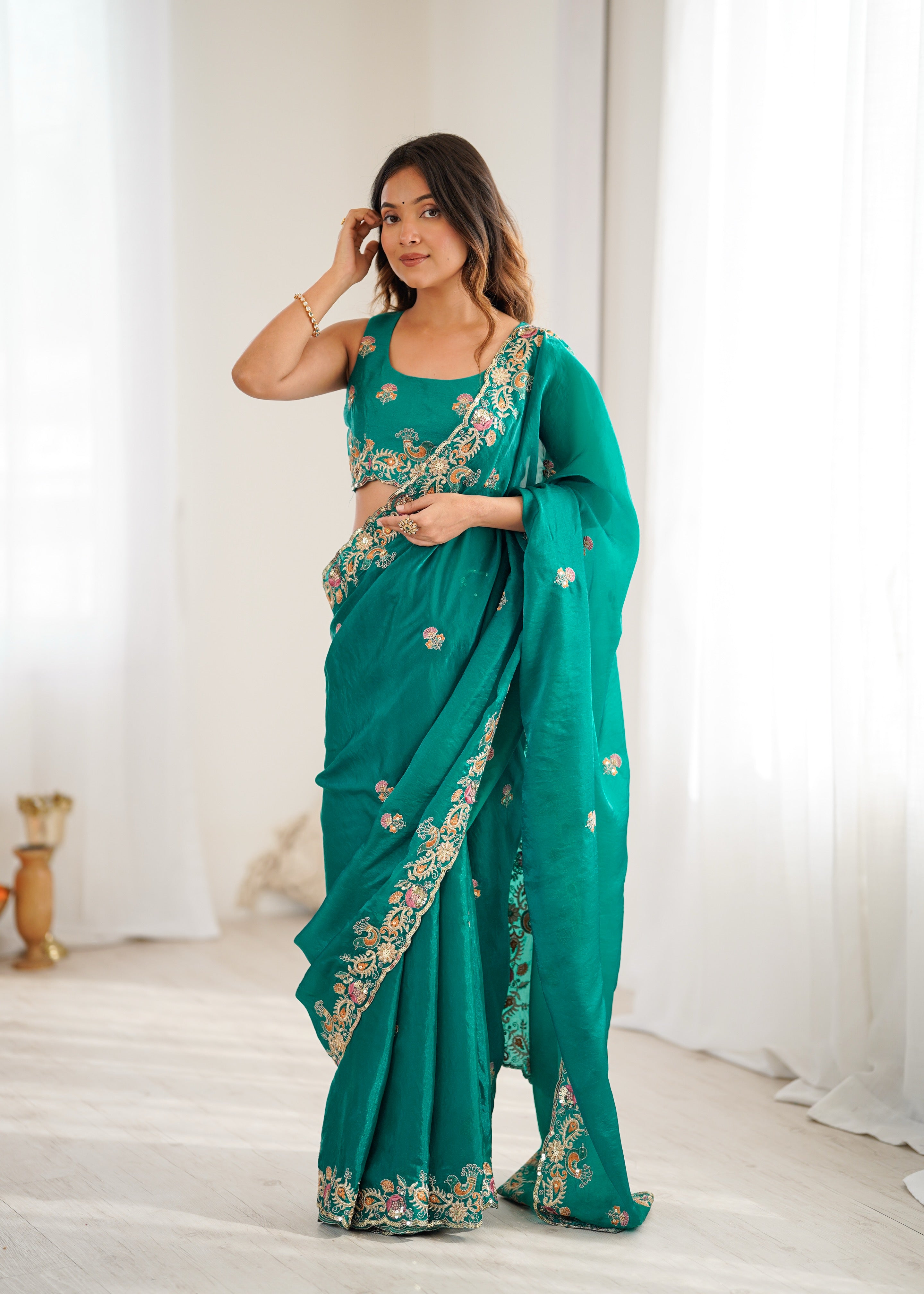 Demanding Function Wear Silk Thread With Sequence Work Fancy Designer Saree With Unstitched Blouse