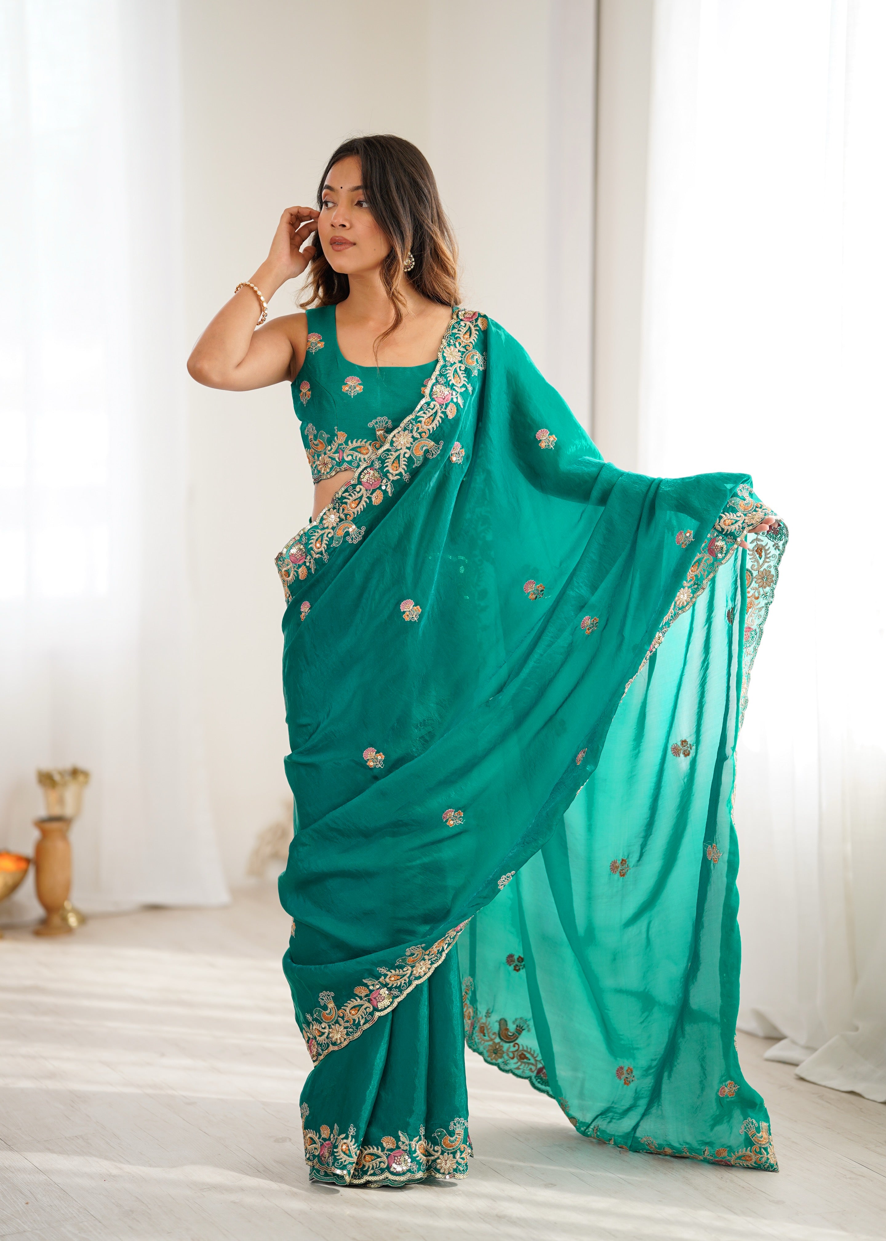 Demanding Function Wear Silk Thread With Sequence Work Fancy Designer Saree With Unstitched Blouse