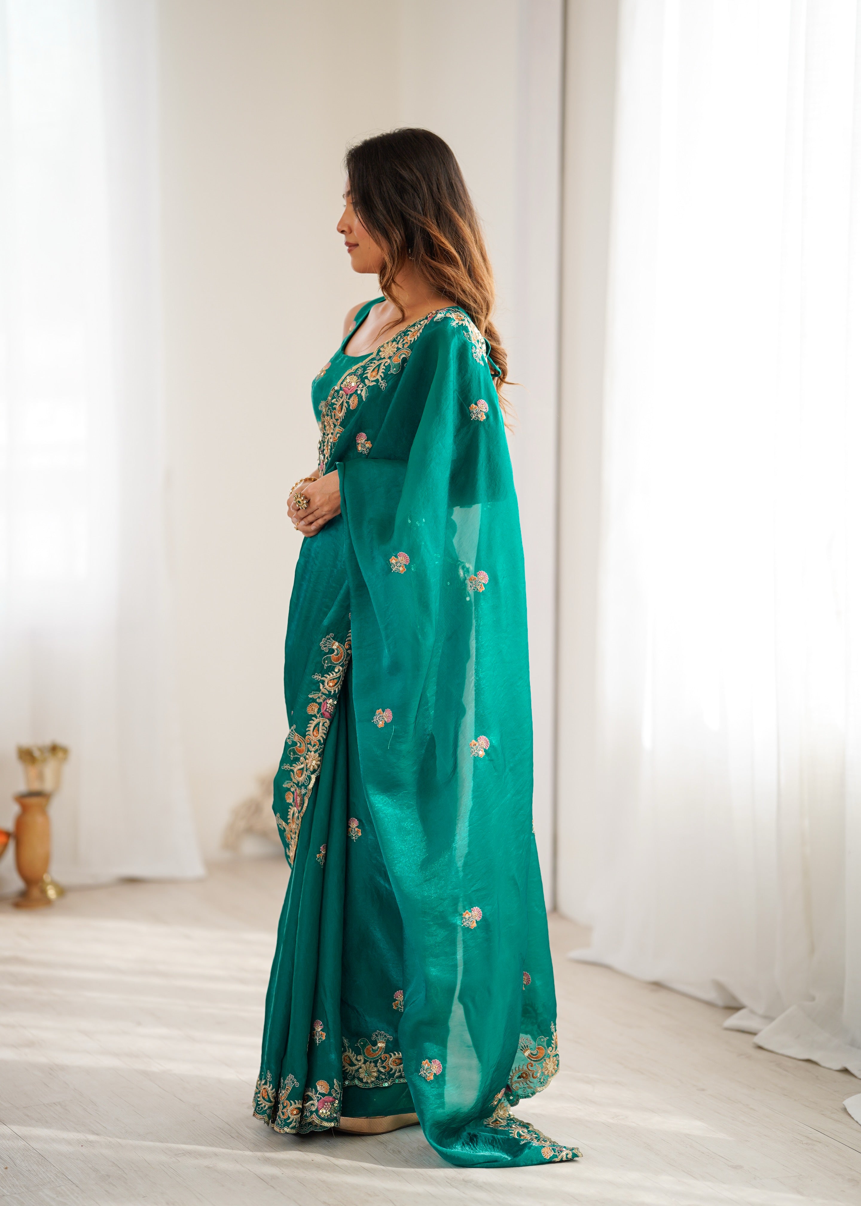 Demanding Function Wear Silk Thread With Sequence Work Fancy Designer Saree With Unstitched Blouse