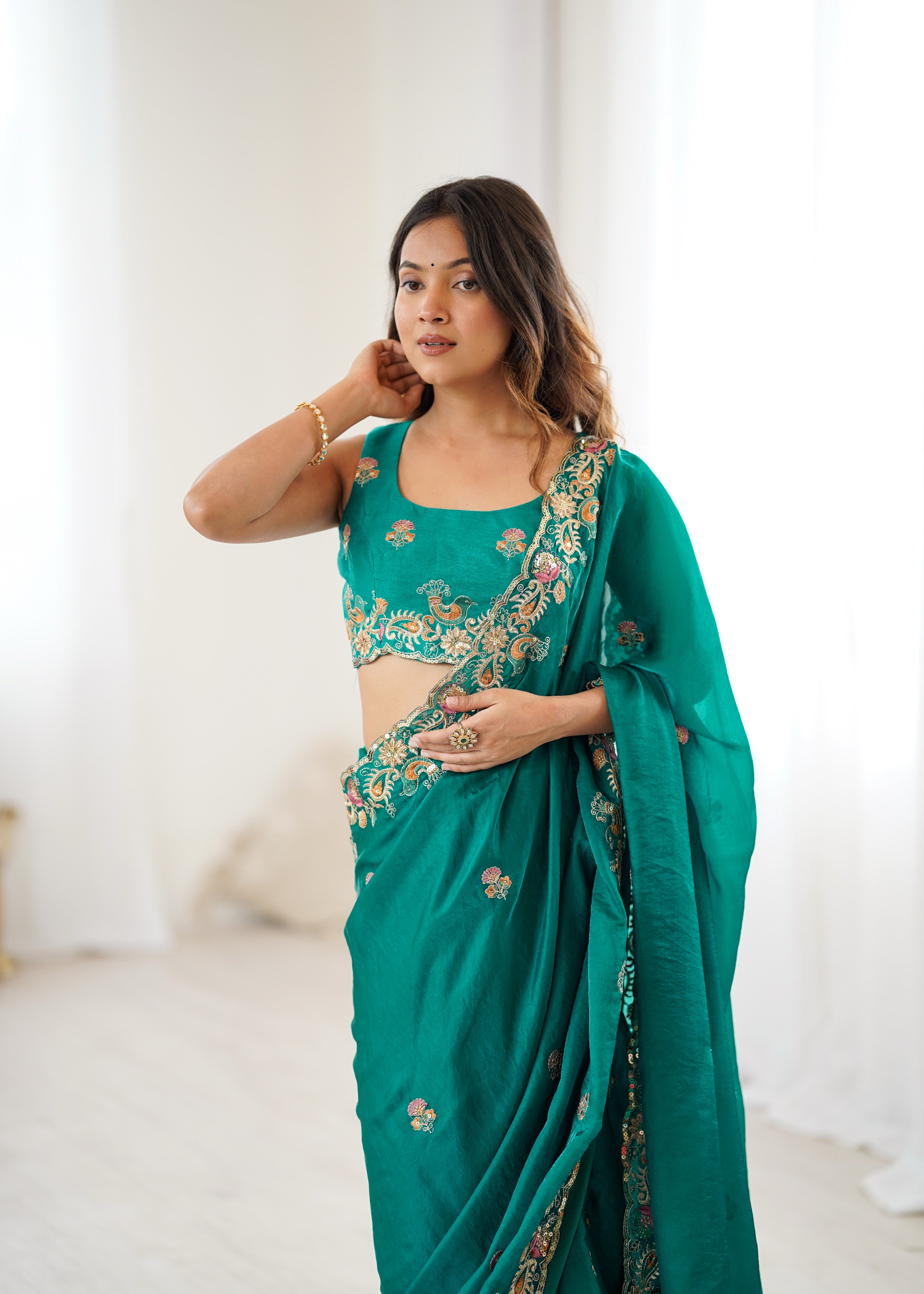 Demanding Function Wear Silk Thread With Sequence Work Fancy Designer Saree With Unstitched Blouse