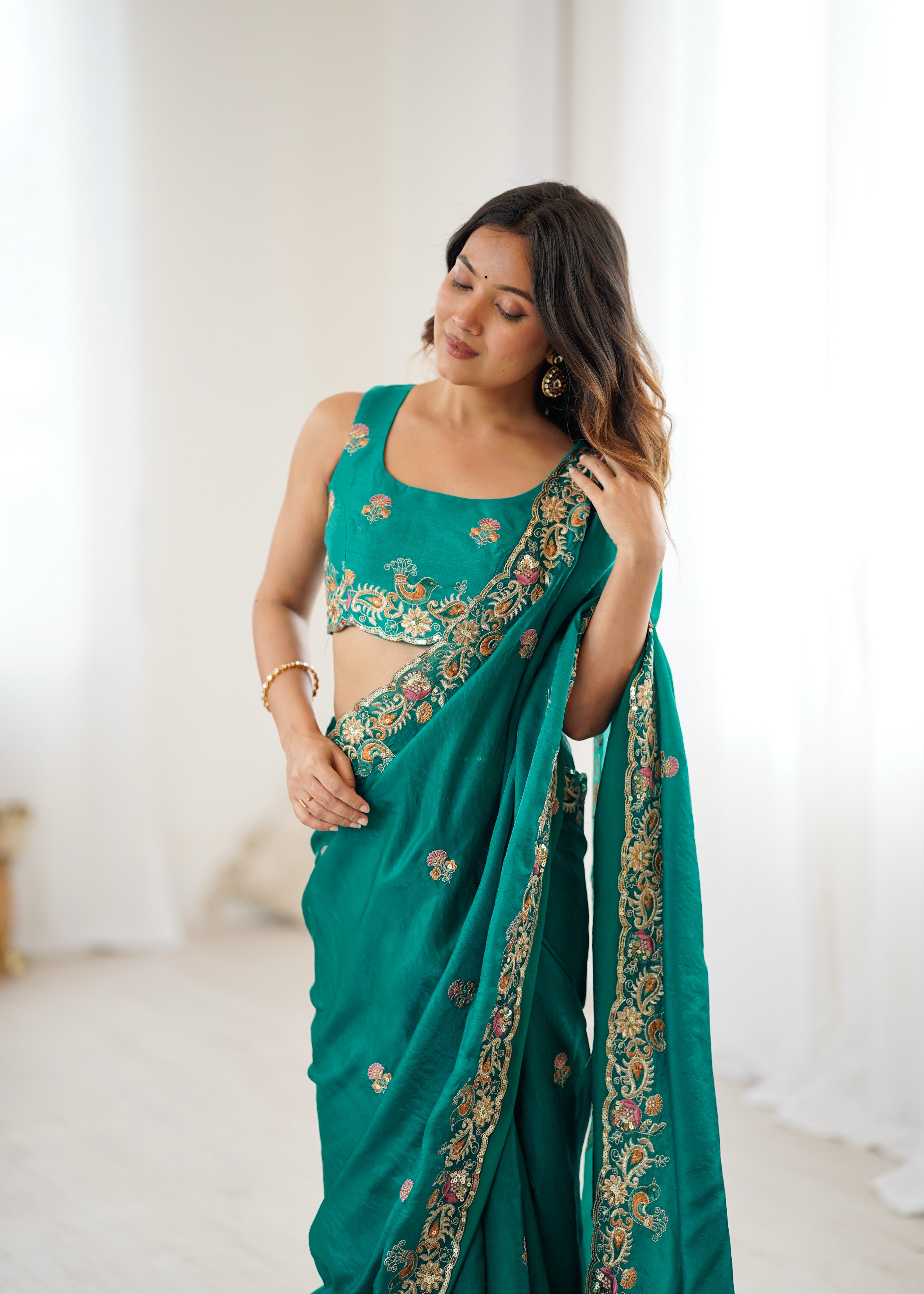 Demanding Function Wear Silk Thread With Sequence Work Fancy Designer Saree With Unstitched Blouse