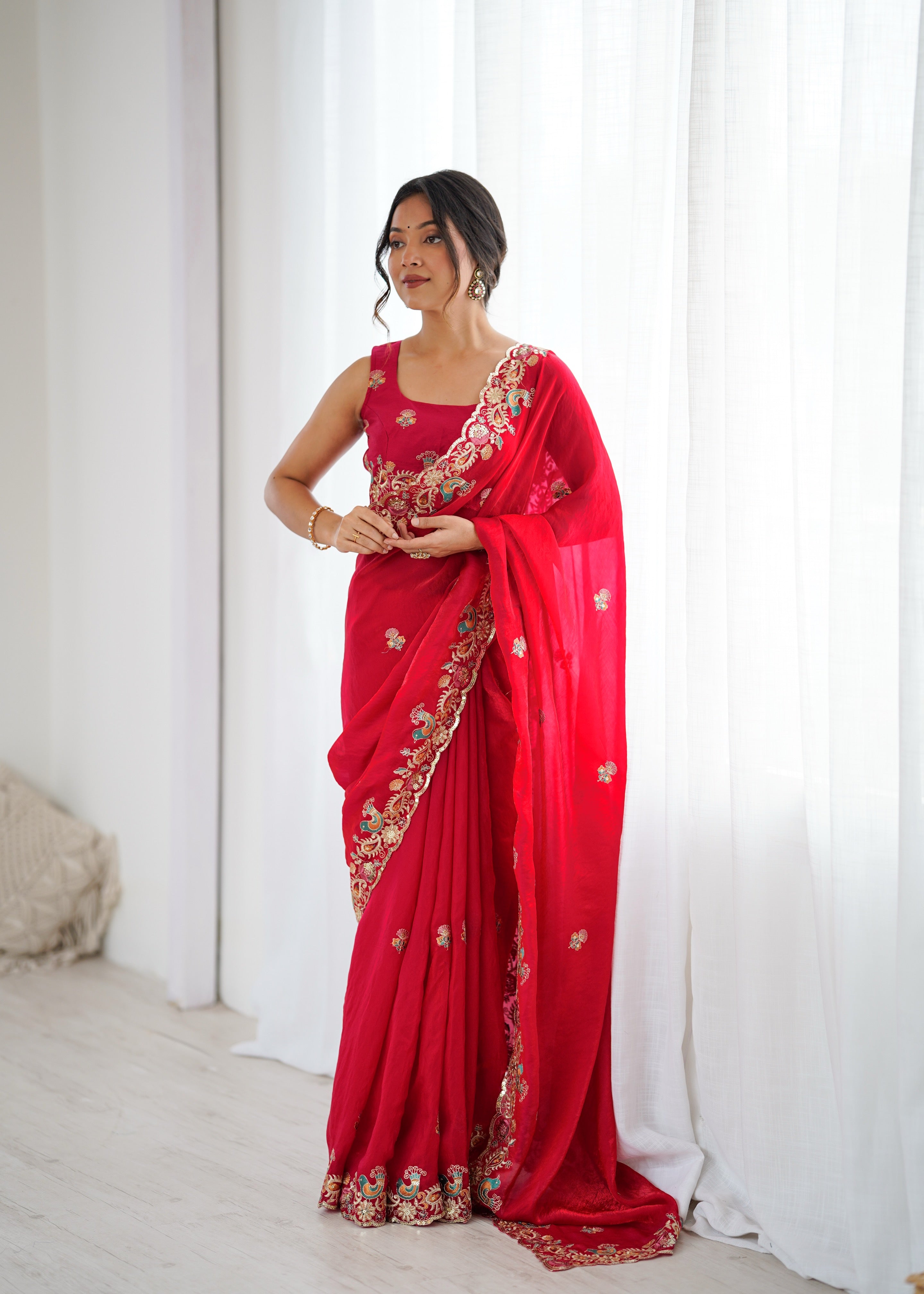 Demanding Function Wear Silk Thread With Sequence Work Fancy Designer Saree With Unstitched Blouse