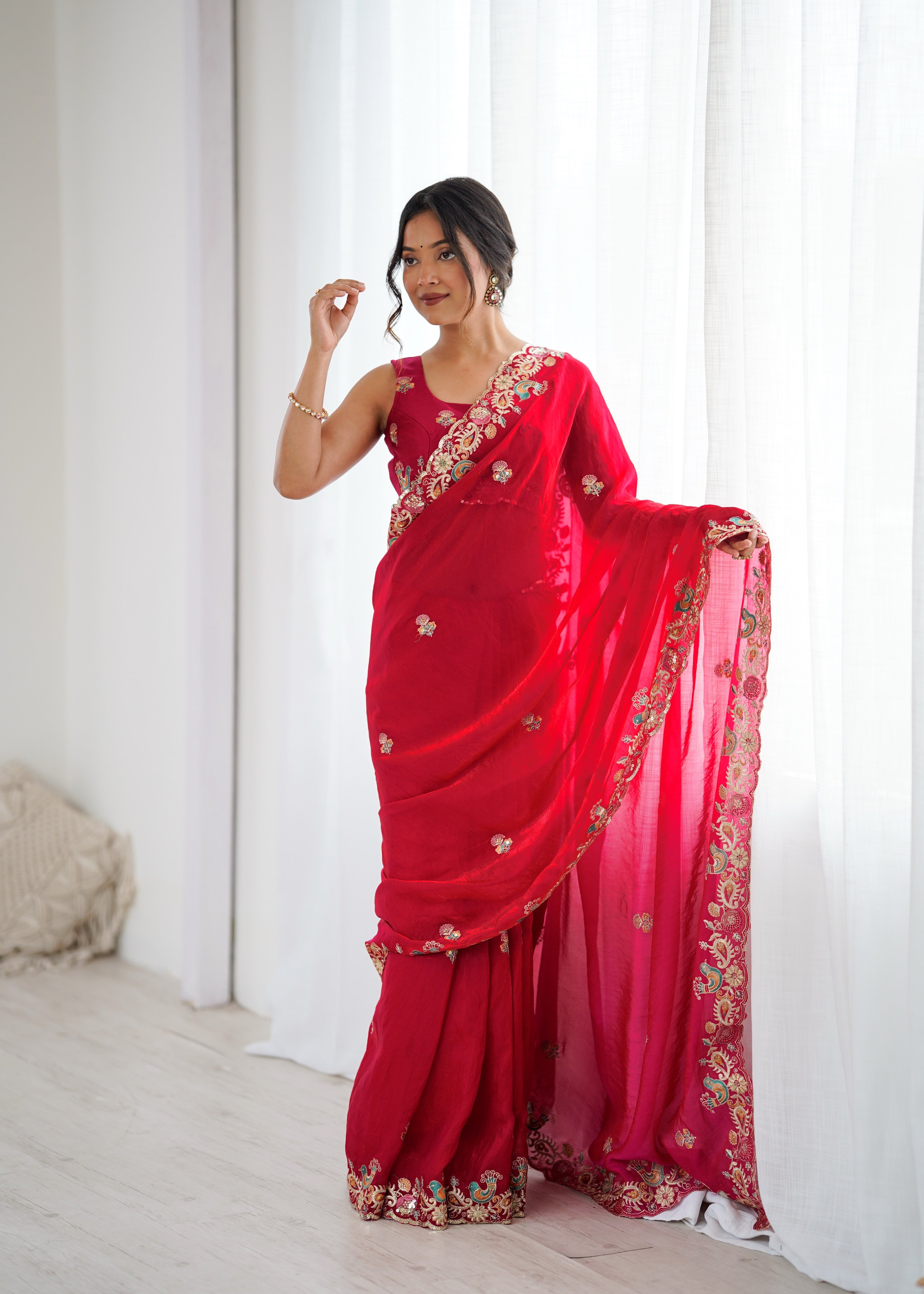 Demanding Function Wear Silk Thread With Sequence Work Fancy Designer Saree With Unstitched Blouse