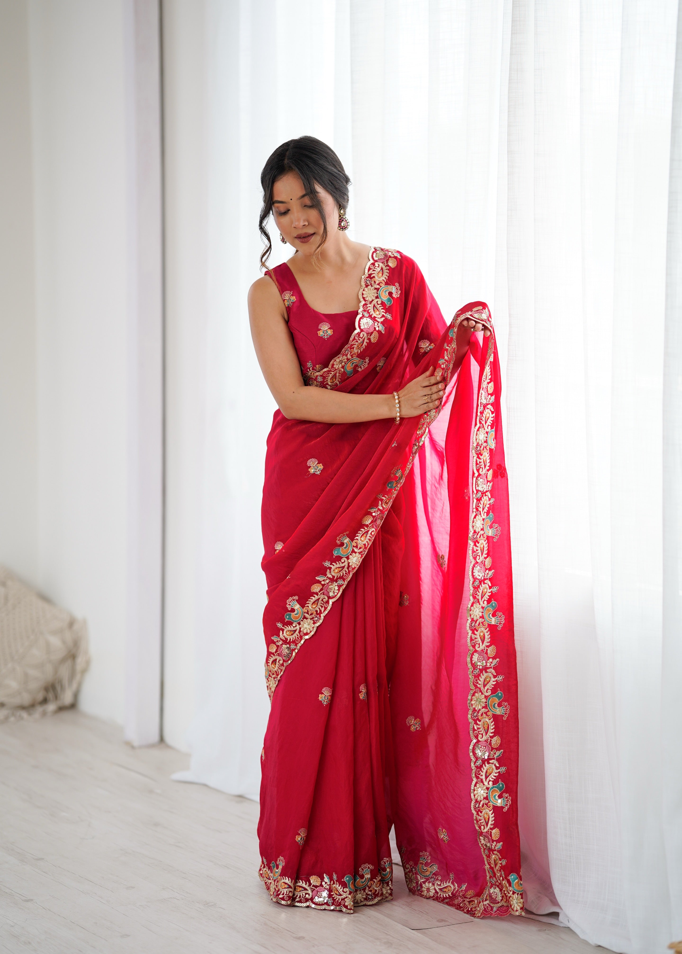 Demanding Function Wear Silk Thread With Sequence Work Fancy Designer Saree With Unstitched Blouse