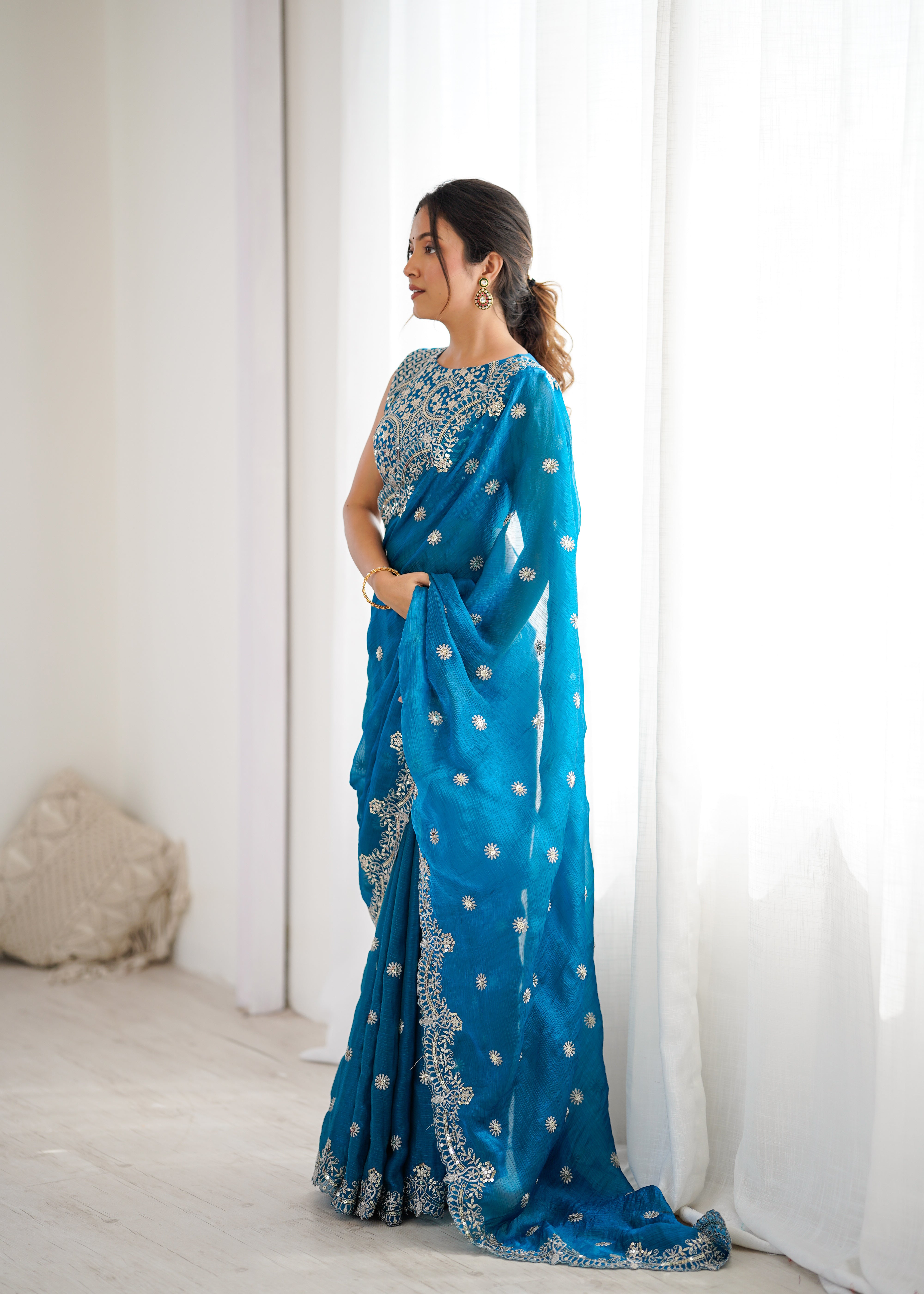 Marvellous Party Wear Silk Thread With Sequence Work Fancy Designer Saree With Unstitched Blouse