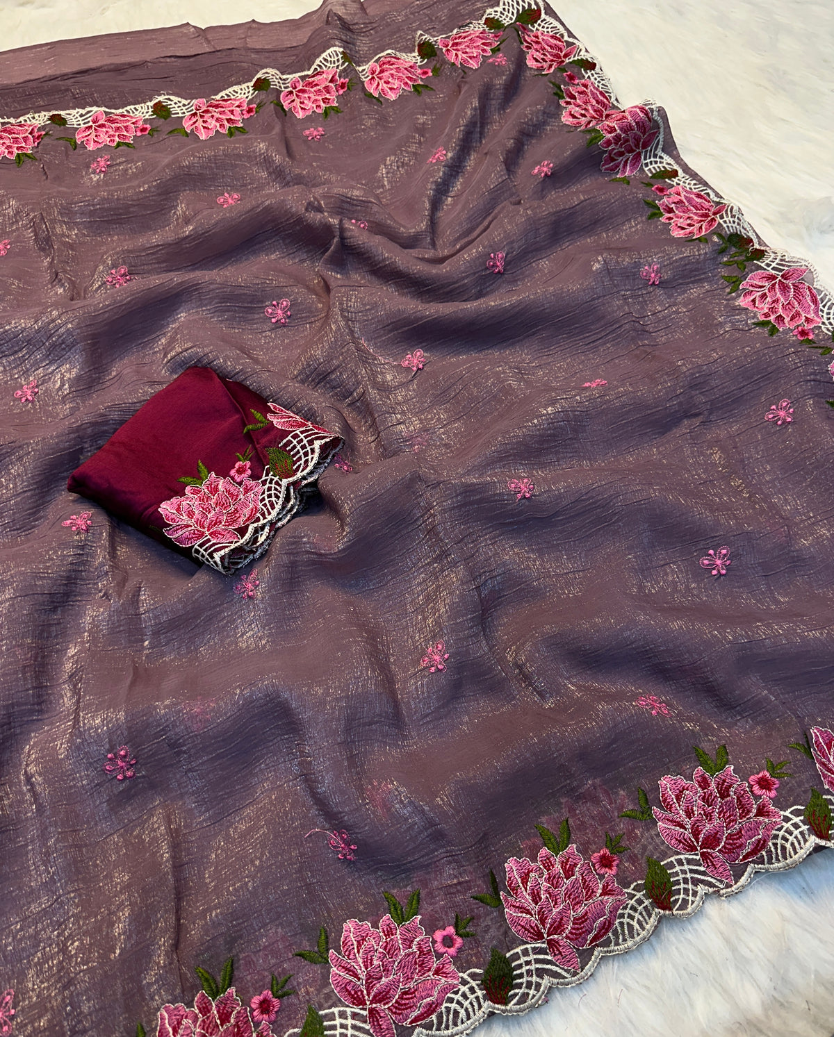 Marvellous Function Wear Soft Crunchy Silk Embroidery Thread n Cut Work Fancy Saree With Blissful Blouse Piece