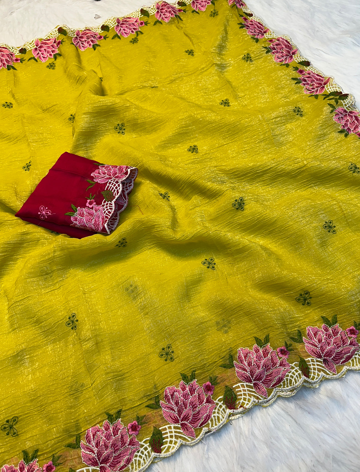 Marvellous Function Wear Soft Crunchy Silk Embroidery Thread n Cut Work Fancy Saree With Blissful Blouse Piece