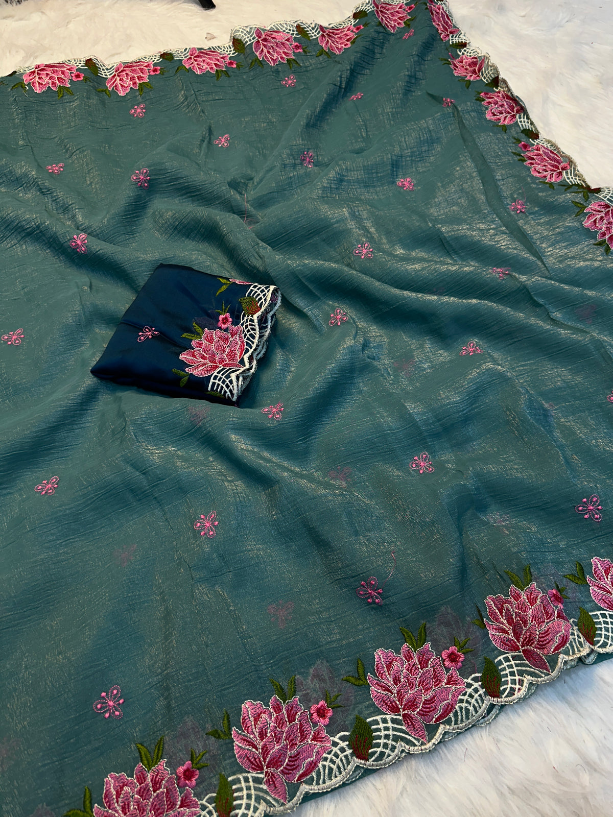 Marvellous Function Wear Soft Crunchy Silk Embroidery Thread n Cut Work Fancy Saree With Blissful Blouse Piece