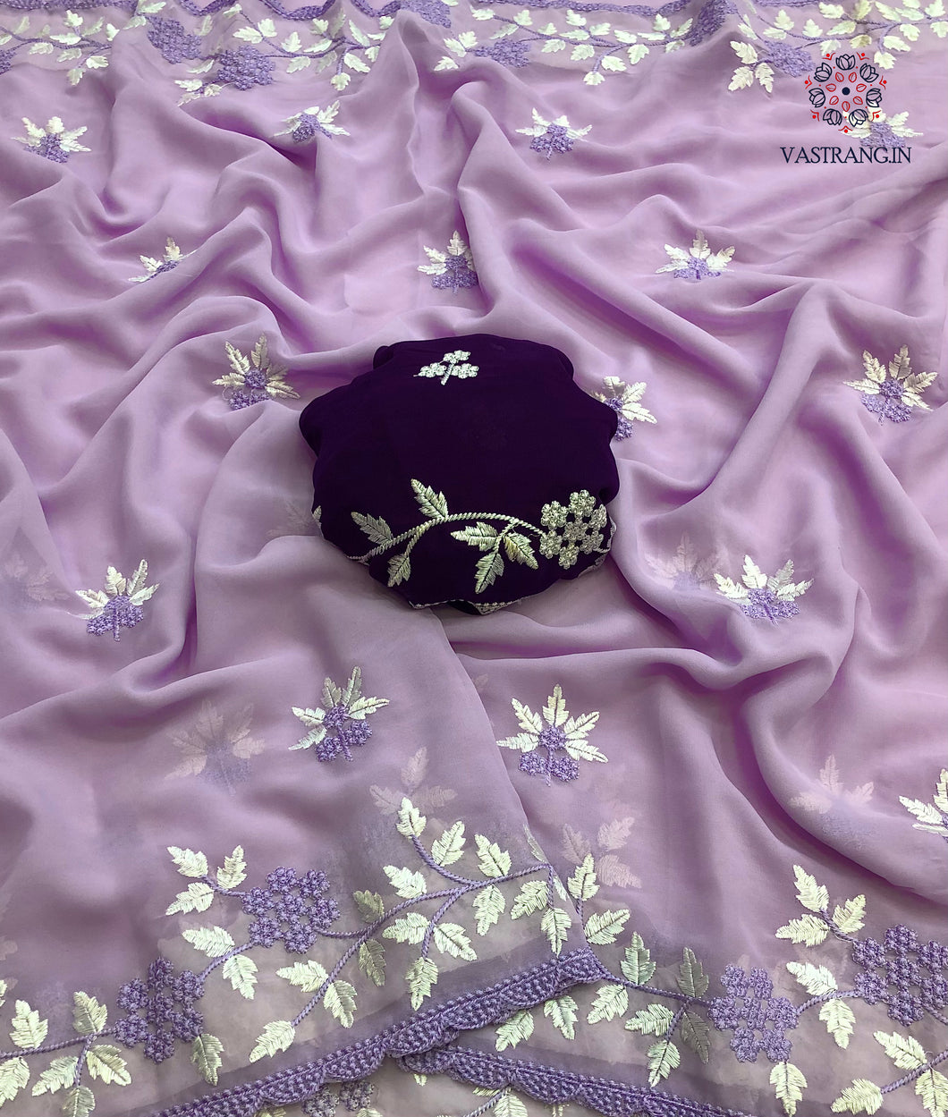 New Function Wear Lavender Color Georgette Embroidered With Scalloped Cut Work Fancy Designer Saree